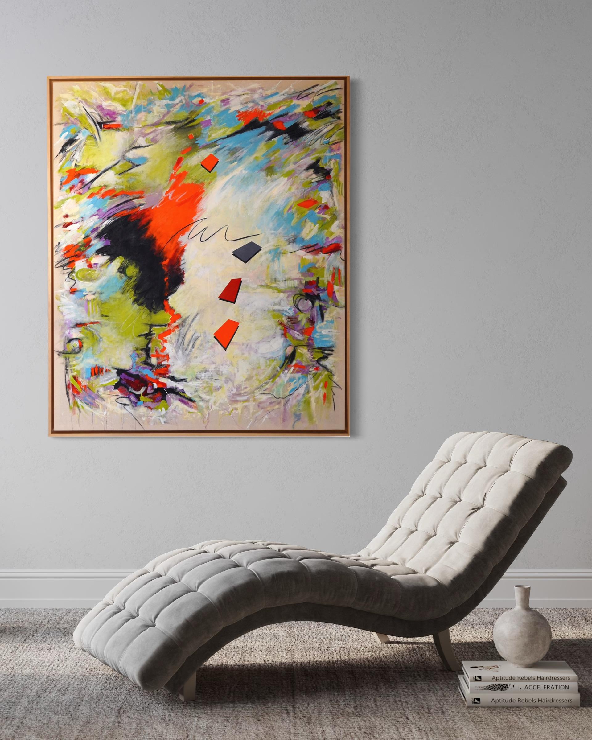 Chromatic Expression I. 2023 . Colorful, modern, abstract, mixed media painting on raw canvas with floating natural wood framed 62H x52W x 2D
Discover the vibrant world of Chromatic Expression, where fiery red and orange tones merge with greens and