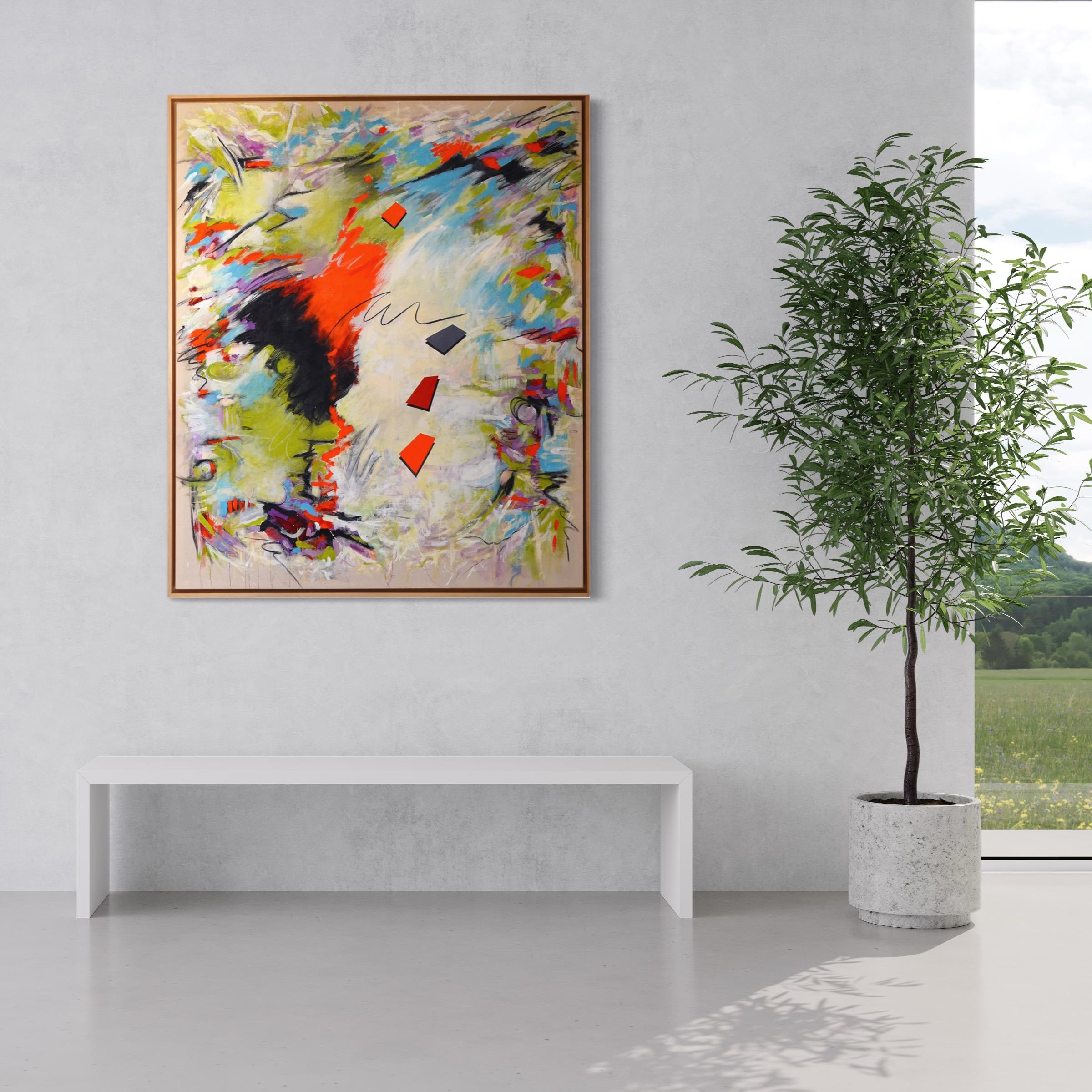 Abstract Expression I. Colorful, Modern, M. Media Painting on raw canvas framed For Sale 1