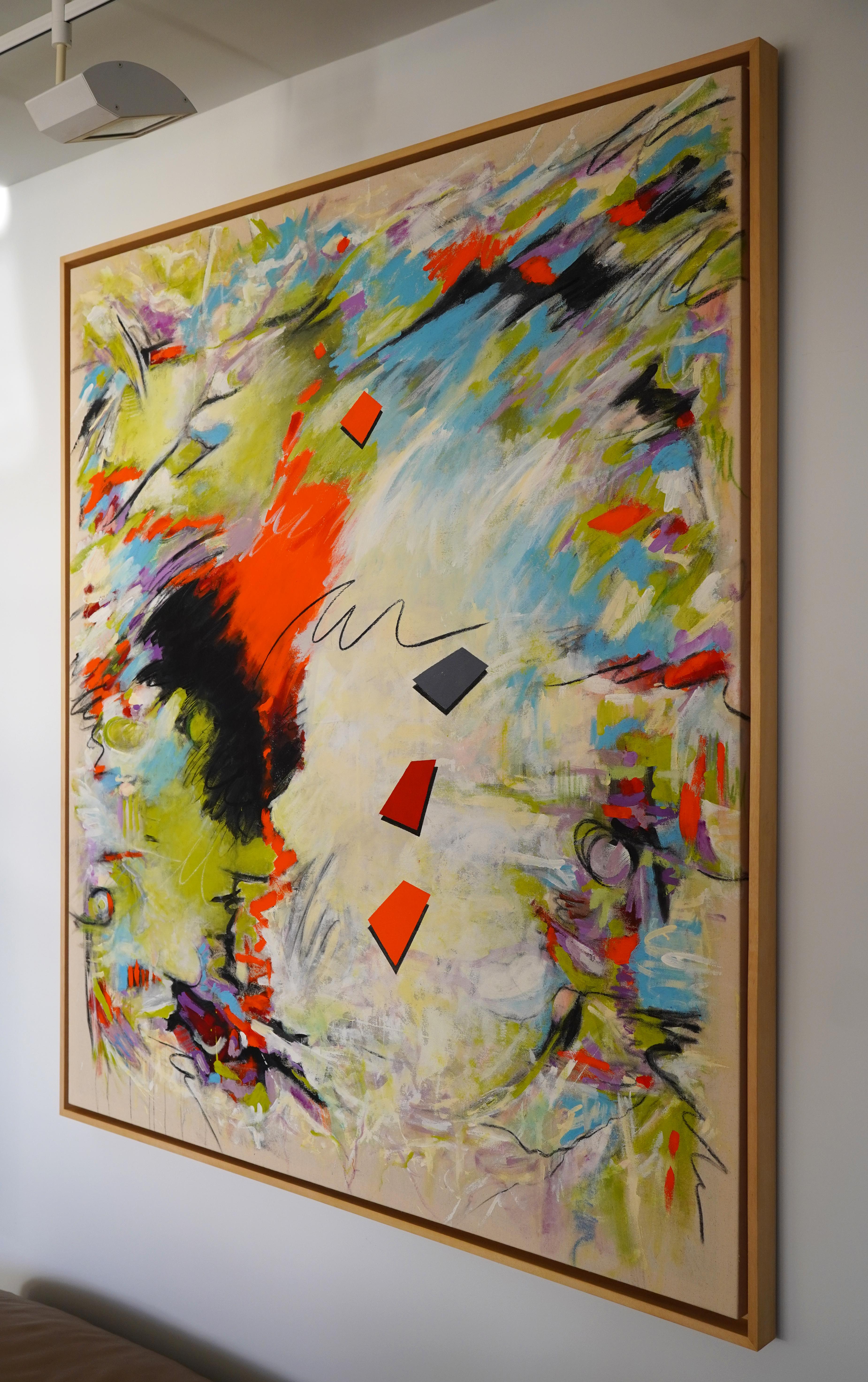 Abstract Expression I. Colorful, Modern, M. Media Painting on raw canvas framed For Sale 2