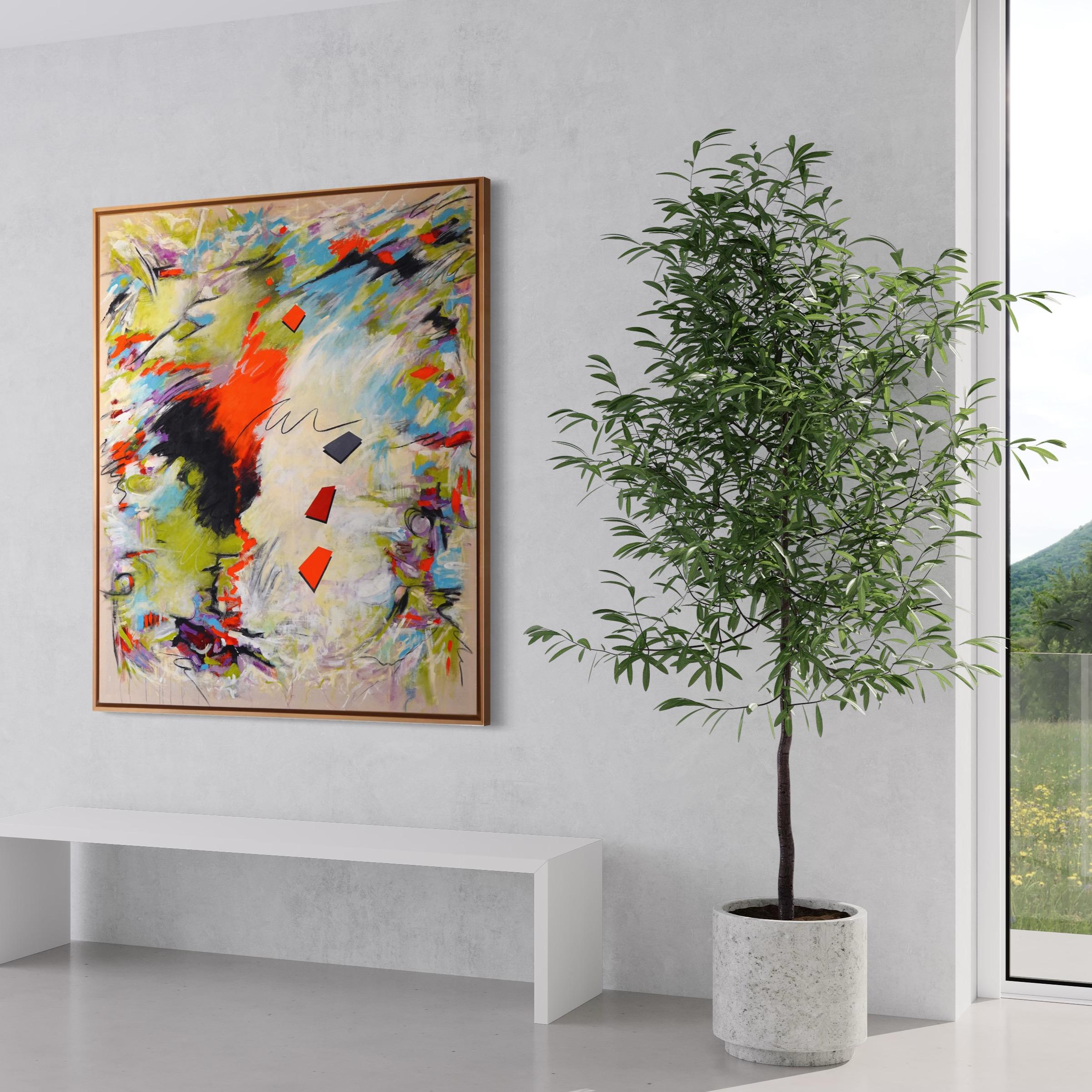 Abstrakter Expressionismus I. Buntes, modernes Gemälde auf roher Leinwand, gerahmt im Angebot 6