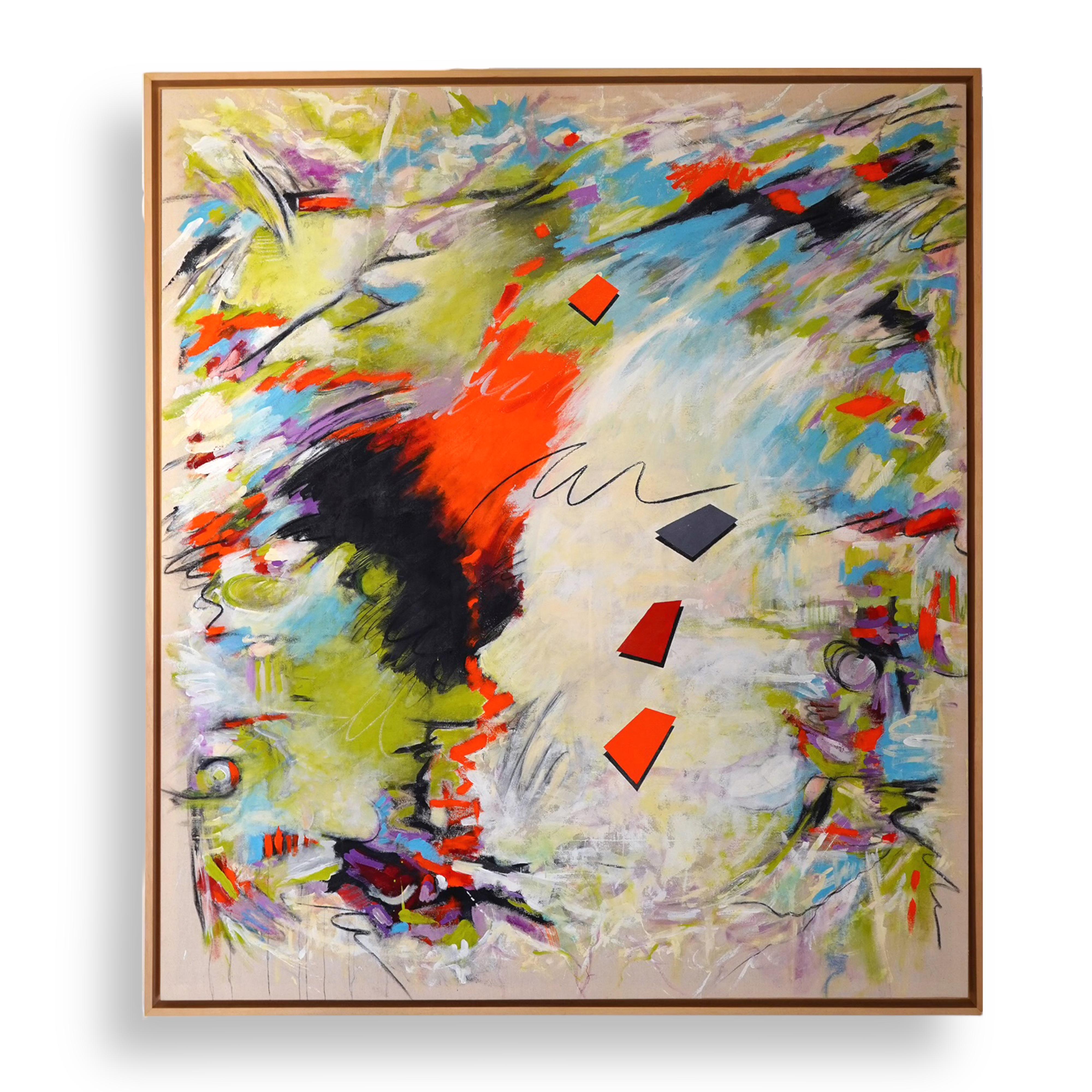 Abstract Expression I. Colorful, Modern, M. Media Painting on raw canvas framed