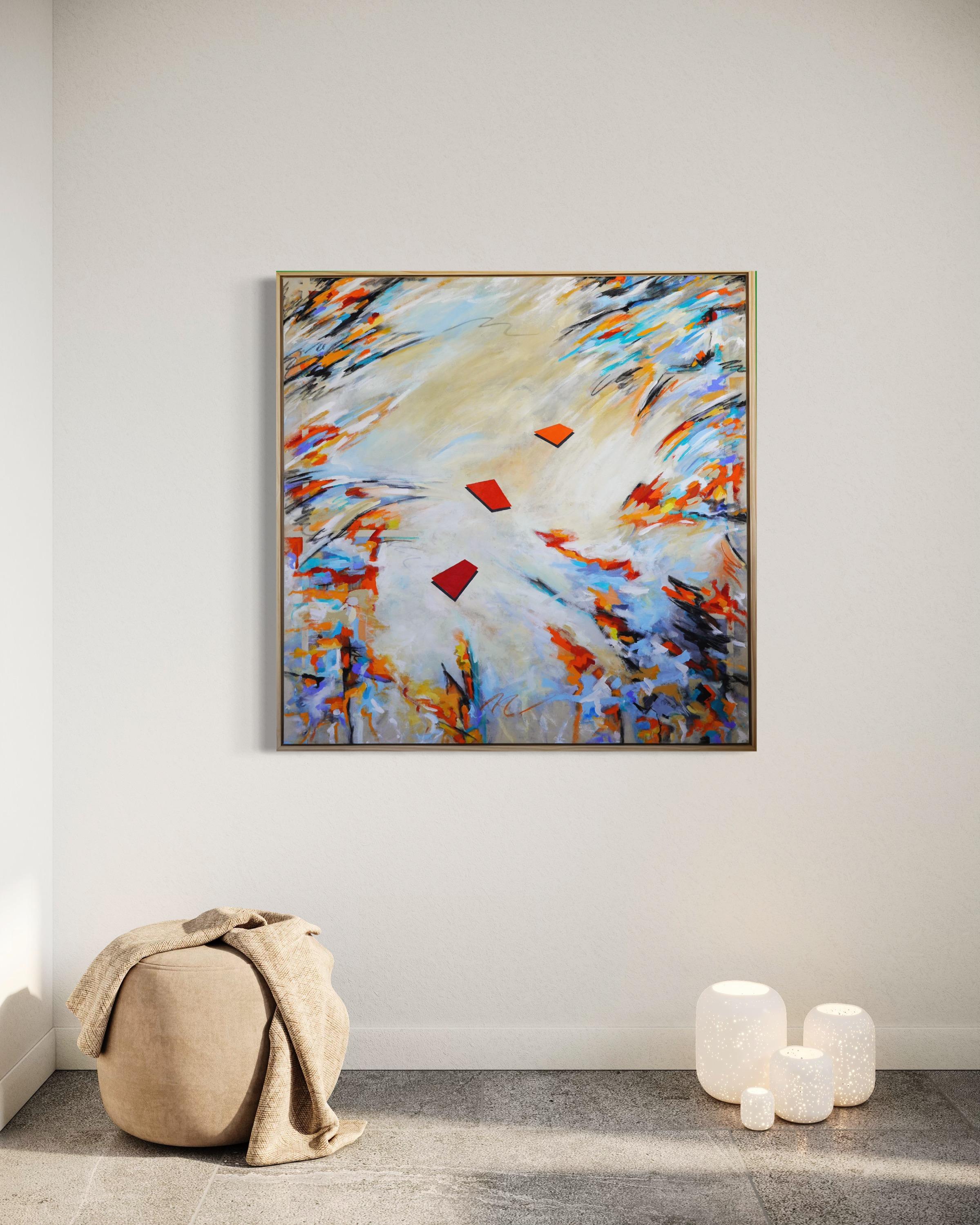 Chromatic Expression II. Big modern colorful Painting on raw canvas wood framed  - Abstract Mixed Media Art by Cari Cohen