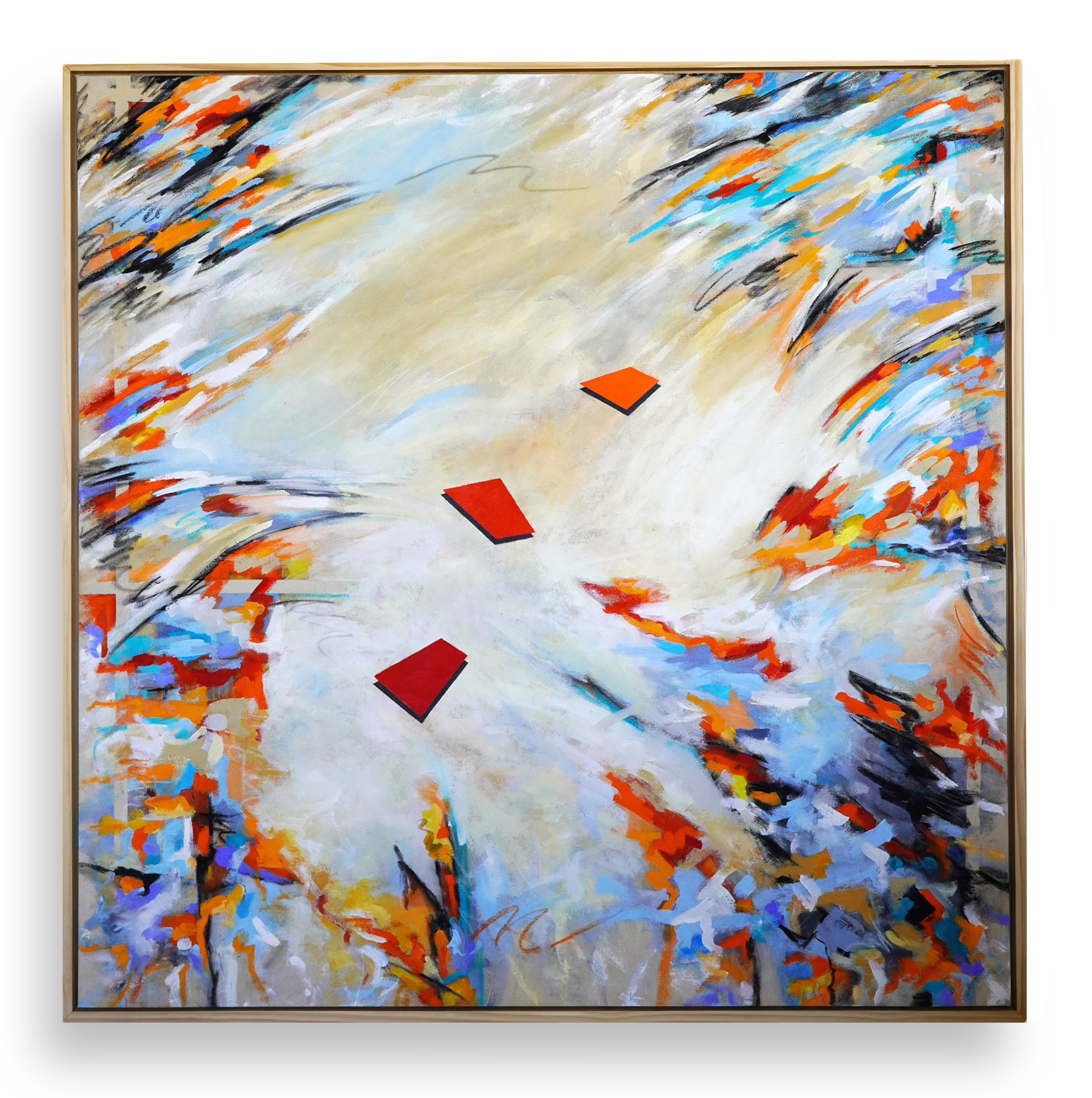Chromatische Expression II. Großes modernes, farbenfrohes Gemälde auf roher Leinwand, gerahmt  – Mixed Media Art von Cari Cohen