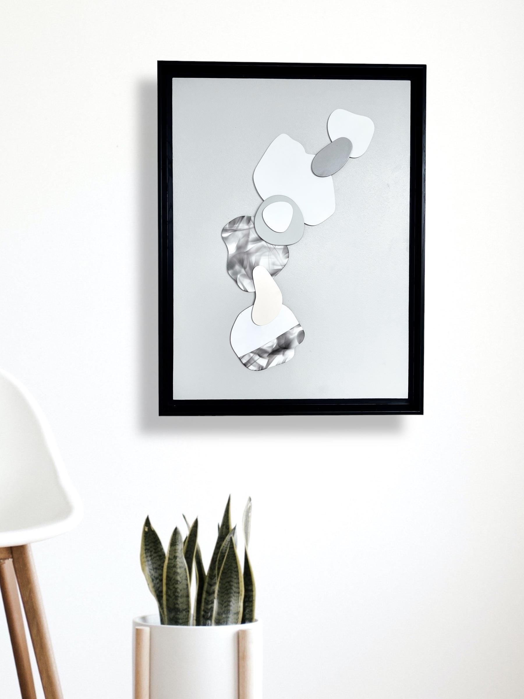 Clouds I . Abstract, Minimalistic, Plaster 3D shapes on wood with black frame For Sale 1