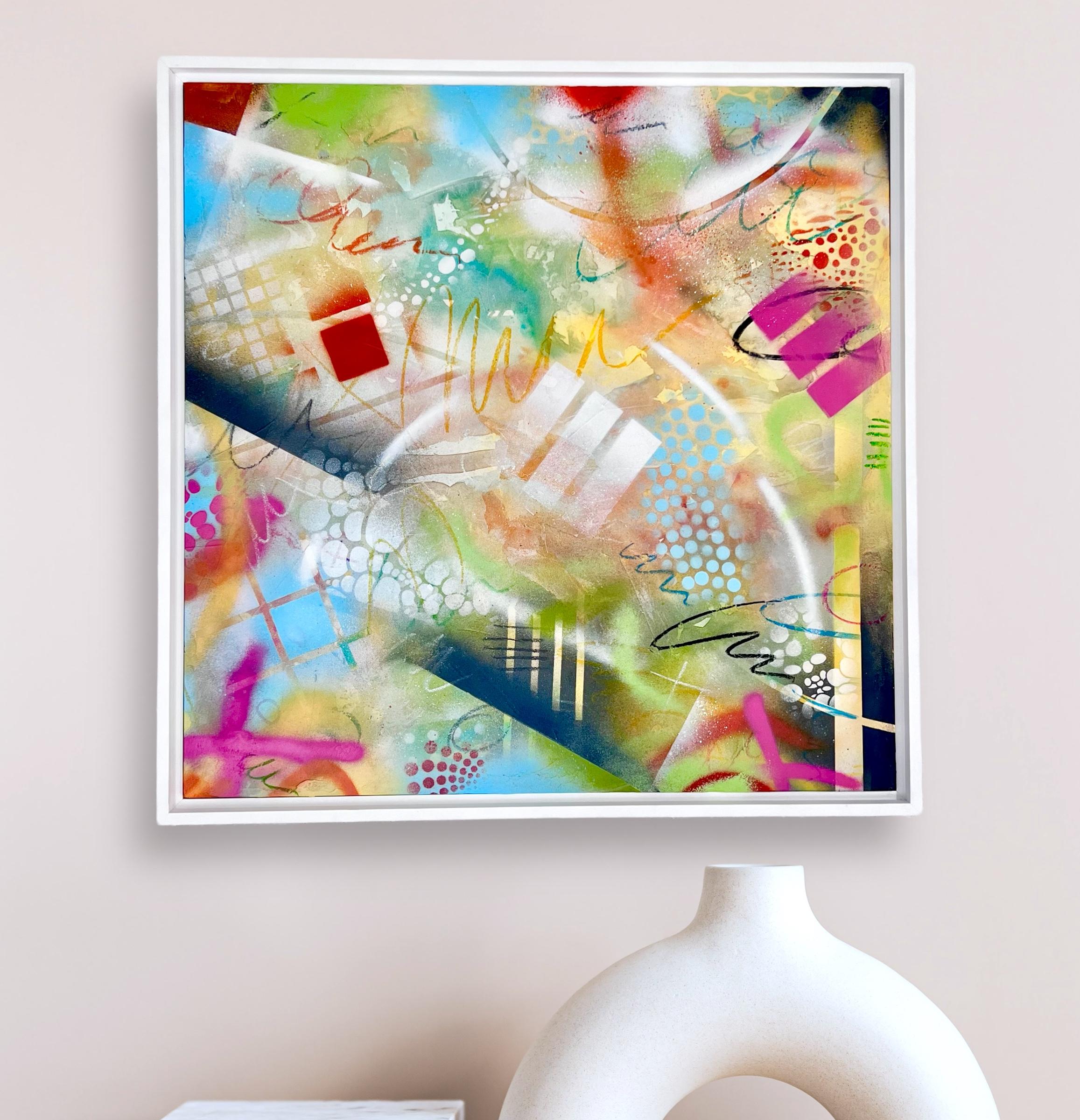 Day Dream I . Abstract, Graffiti Plexiglass on wood with white frame - Modern Painting by Cari Cohen