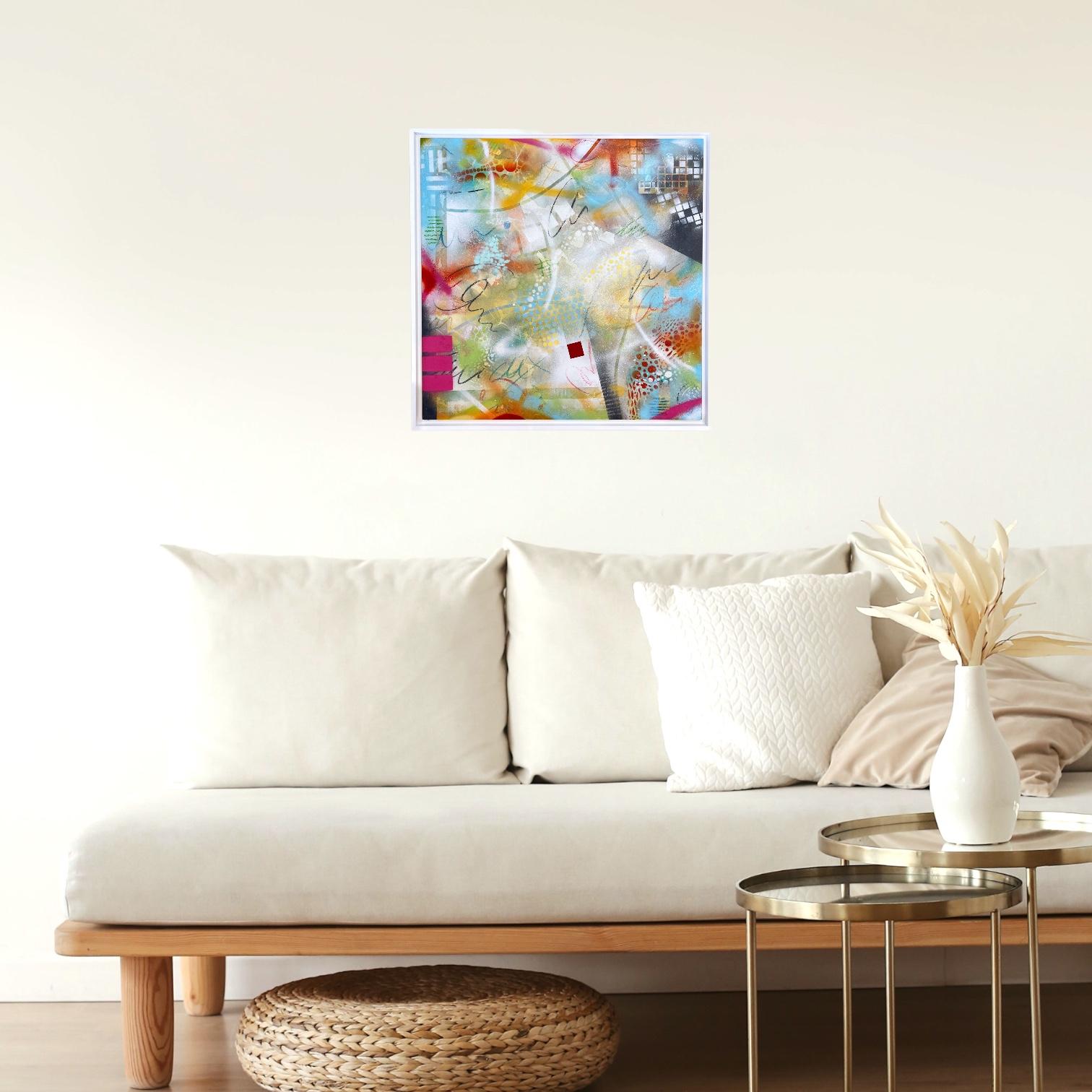 Day Dream I . Abstract, Graffiti Plexiglass on wood with white frame - White Abstract Painting by Cari Cohen