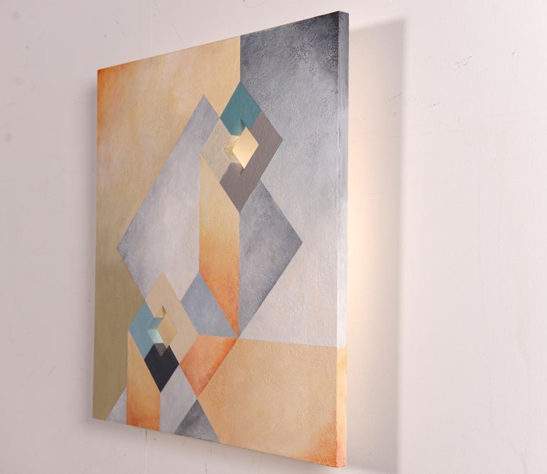 Geometric Illusion.  Abstract and modern Mixed media painting with LED light. For Sale 2
