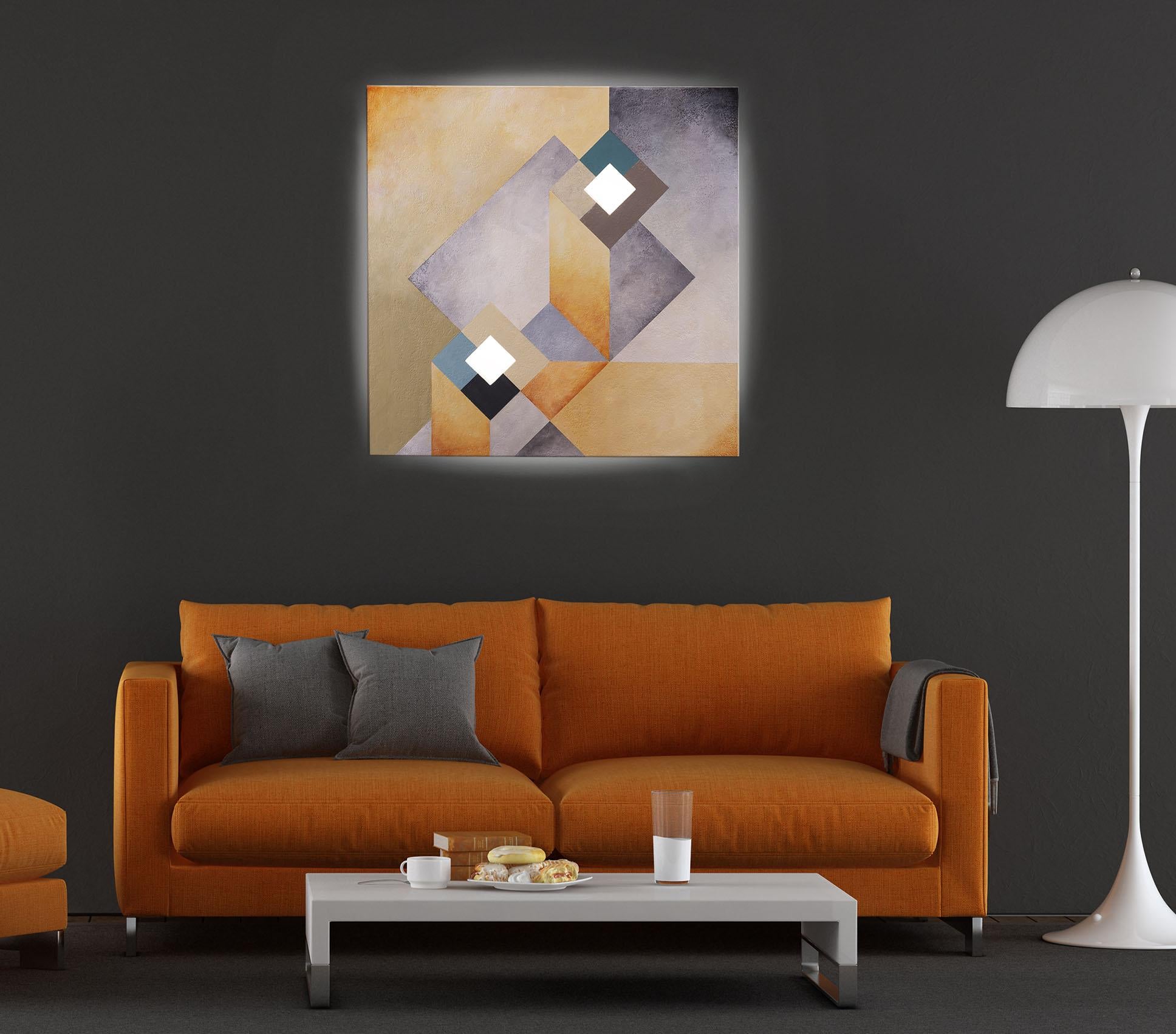 GEOMETRIC ILLUSION. Mixed media textured and acrylic paint on Wood. Separate LED box light. 24H x 24Wx 3D
This series of artwork evokes a novel effect. Light becomes intertwined in the work of art. The wood-based paintings are painted with acrylic,