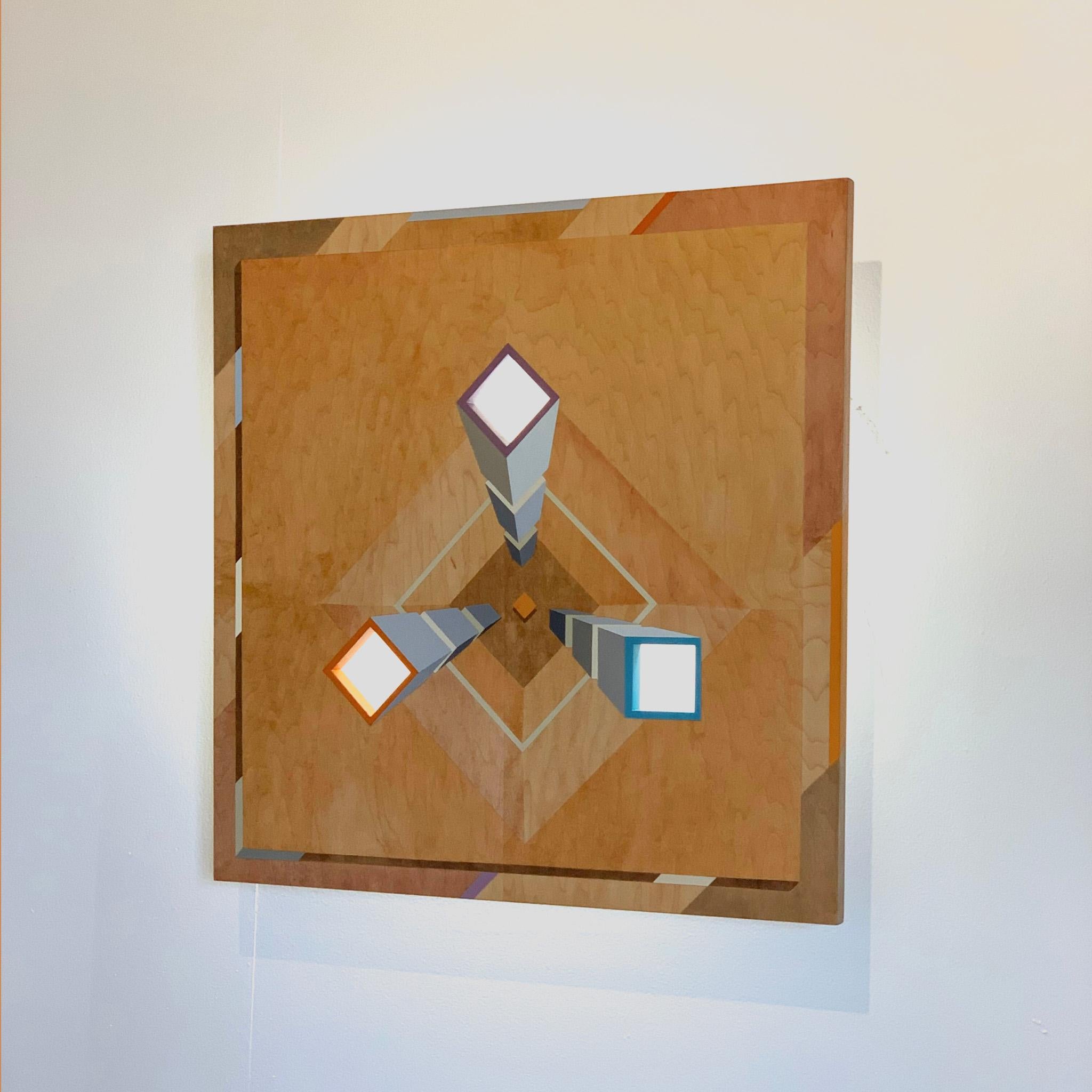 Erläuterung I. Geometrisches Gemälde auf Holzbasis mit LED-Leuchte. (Geometrische Abstraktion), Mixed Media Art, von Cari Cohen