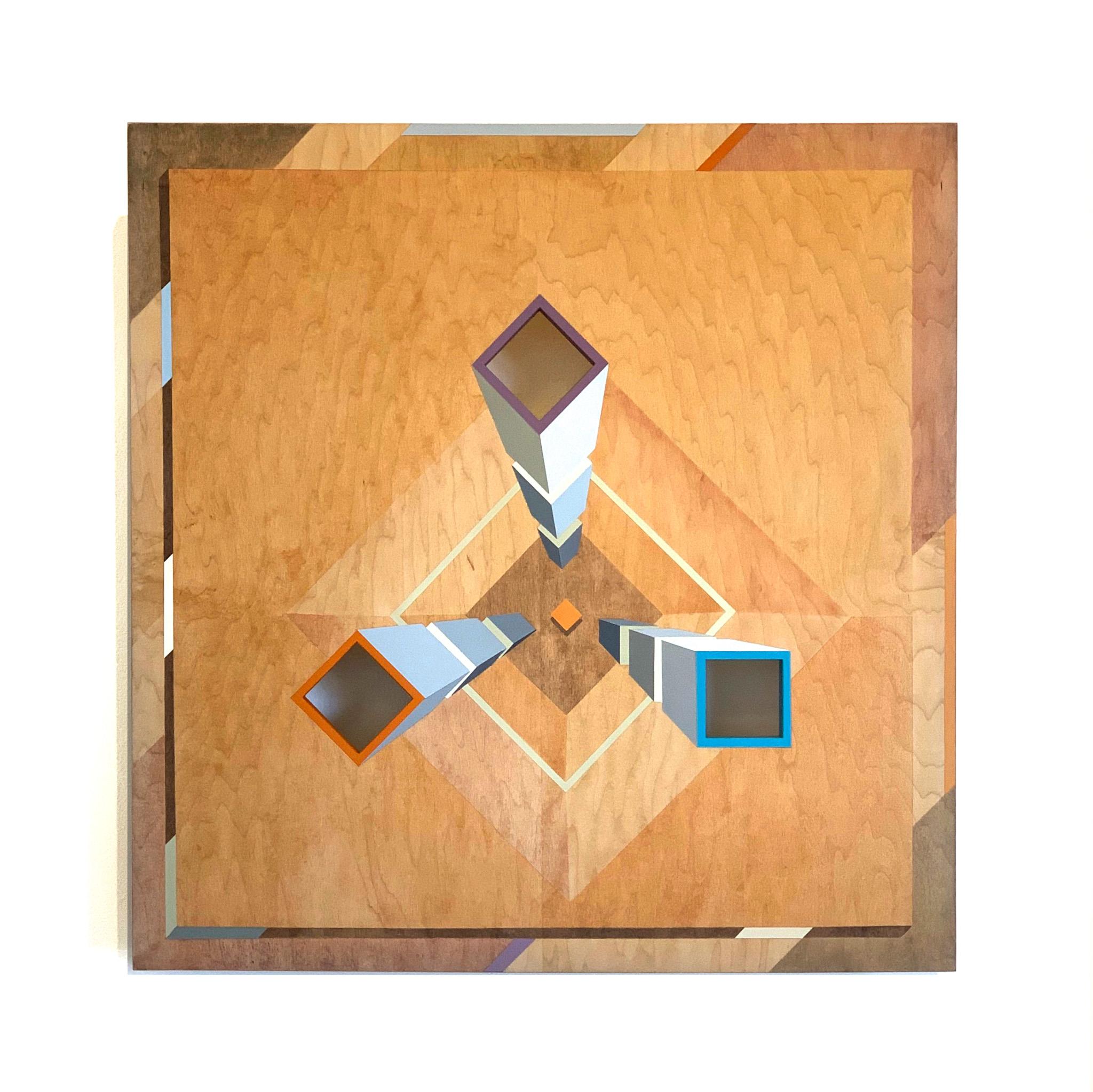 Erläuterung I. Geometrisches Gemälde auf Holzbasis mit LED-Leuchte. im Angebot 1