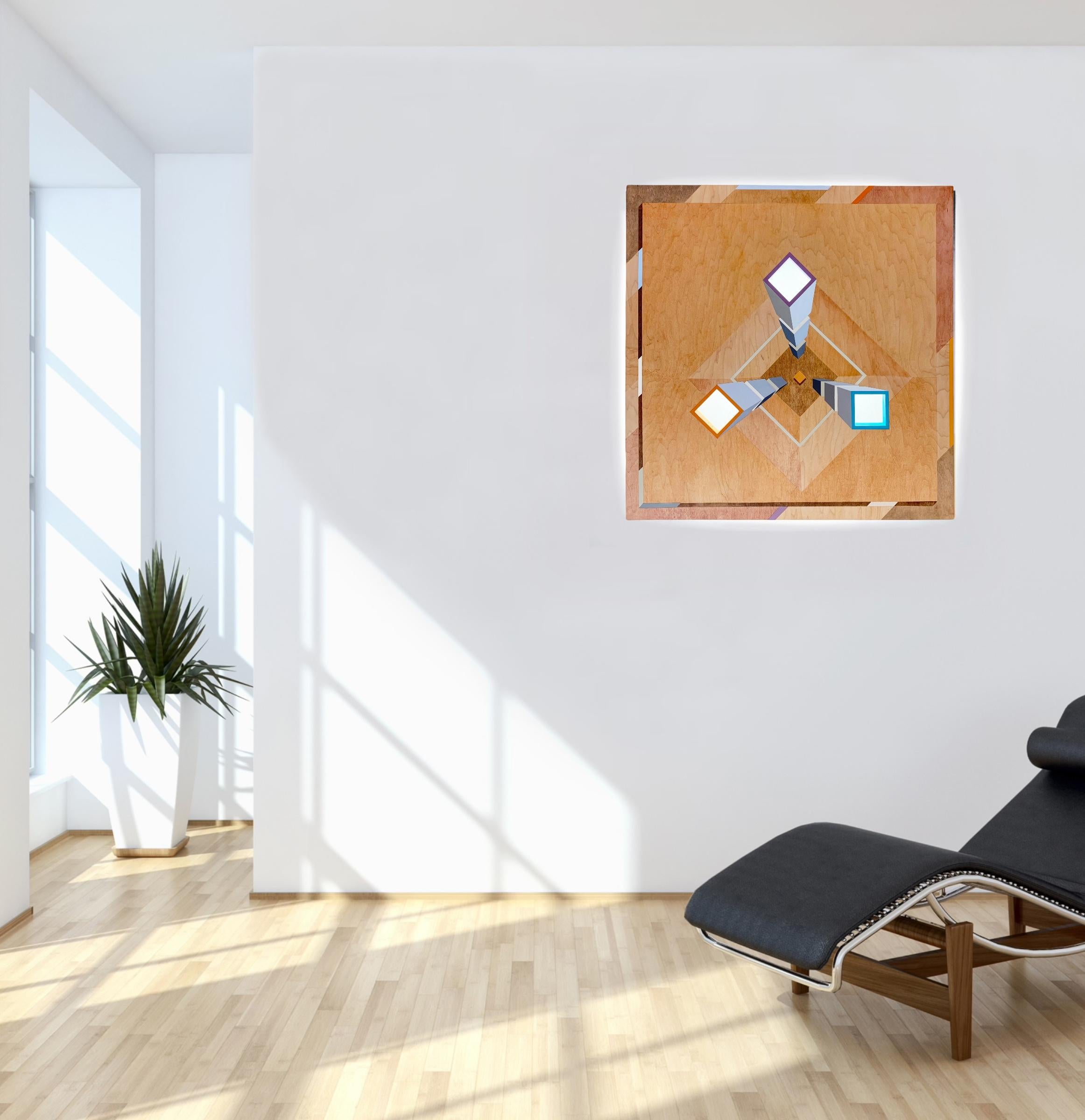 Erläuterung I. Geometrisches Gemälde auf Holzbasis mit LED-Leuchte. im Angebot 3