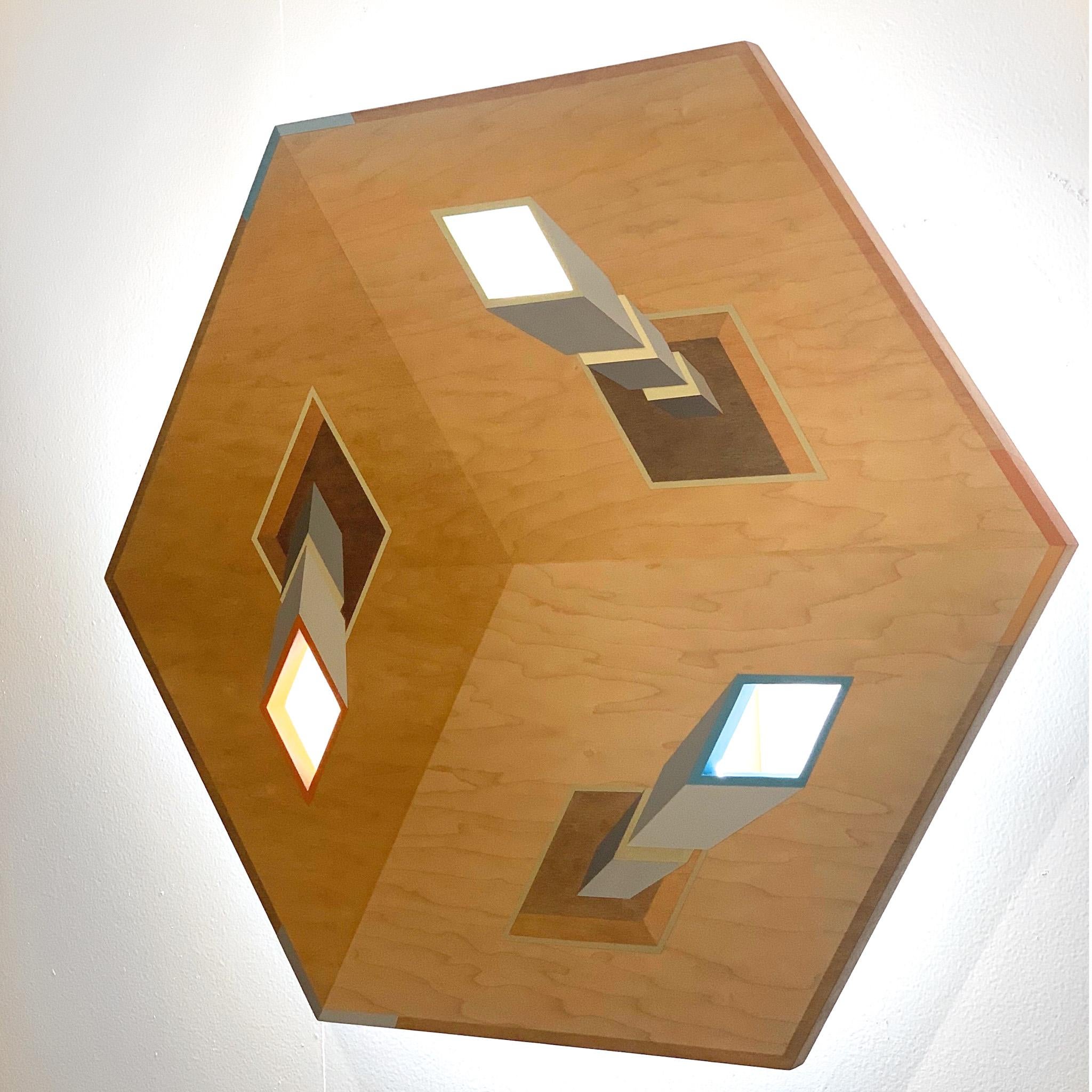 Erläuterung II.  Geometrisches Gemälde auf Holzbasis mit LED-Leuchte. (Geometrische Abstraktion), Mixed Media Art, von Cari Cohen