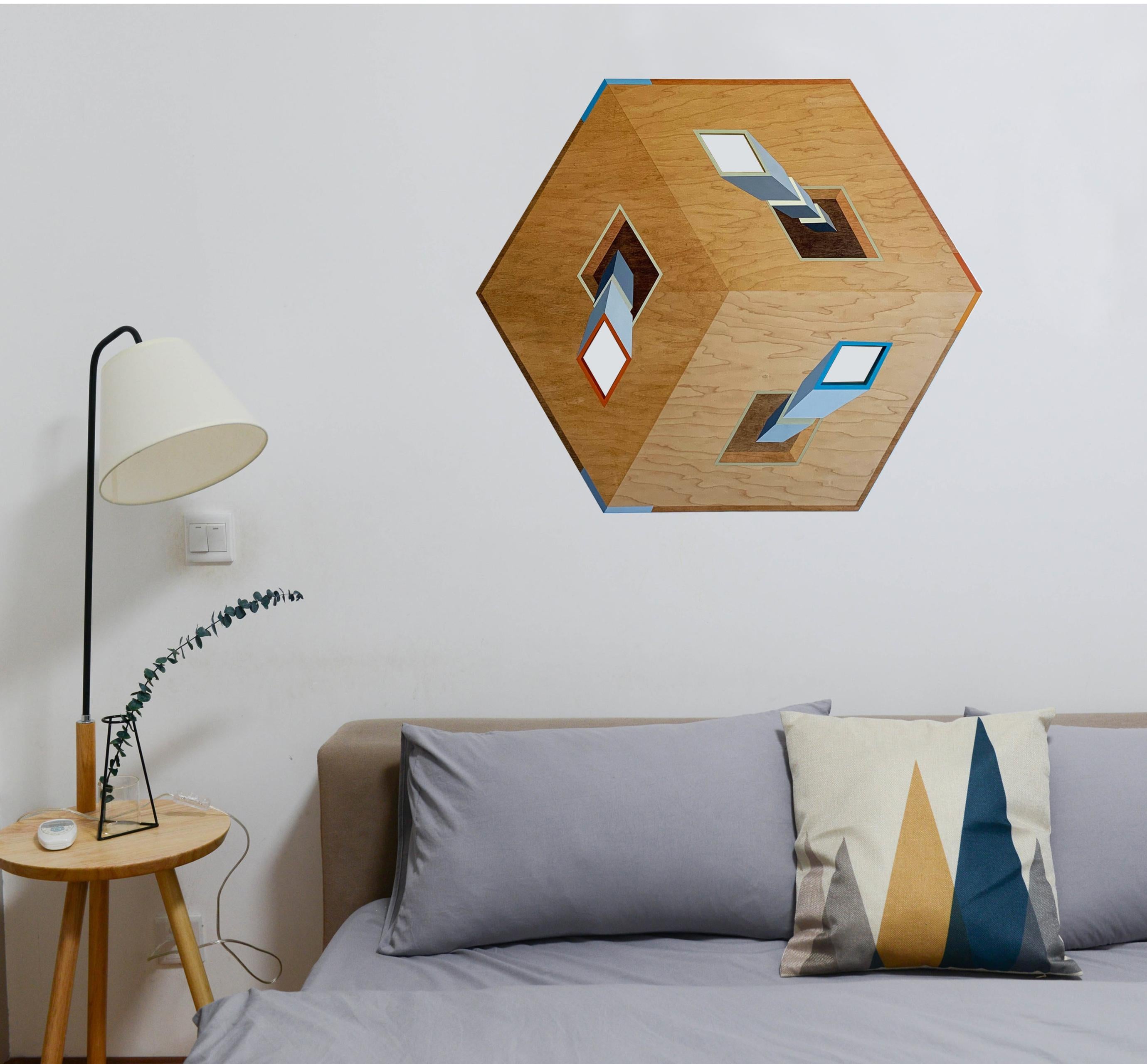 Erläuterung II.  Geometrisches Gemälde auf Holzbasis mit LED-Leuchte. im Angebot 2