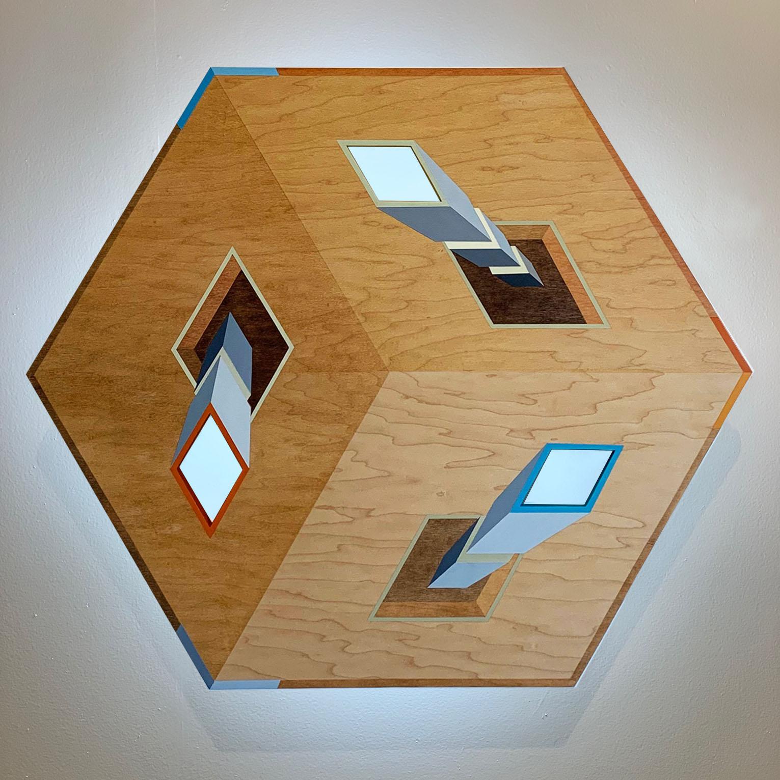 Erläuterung II.  Geometrisches Gemälde auf Holzbasis mit LED-Leuchte.