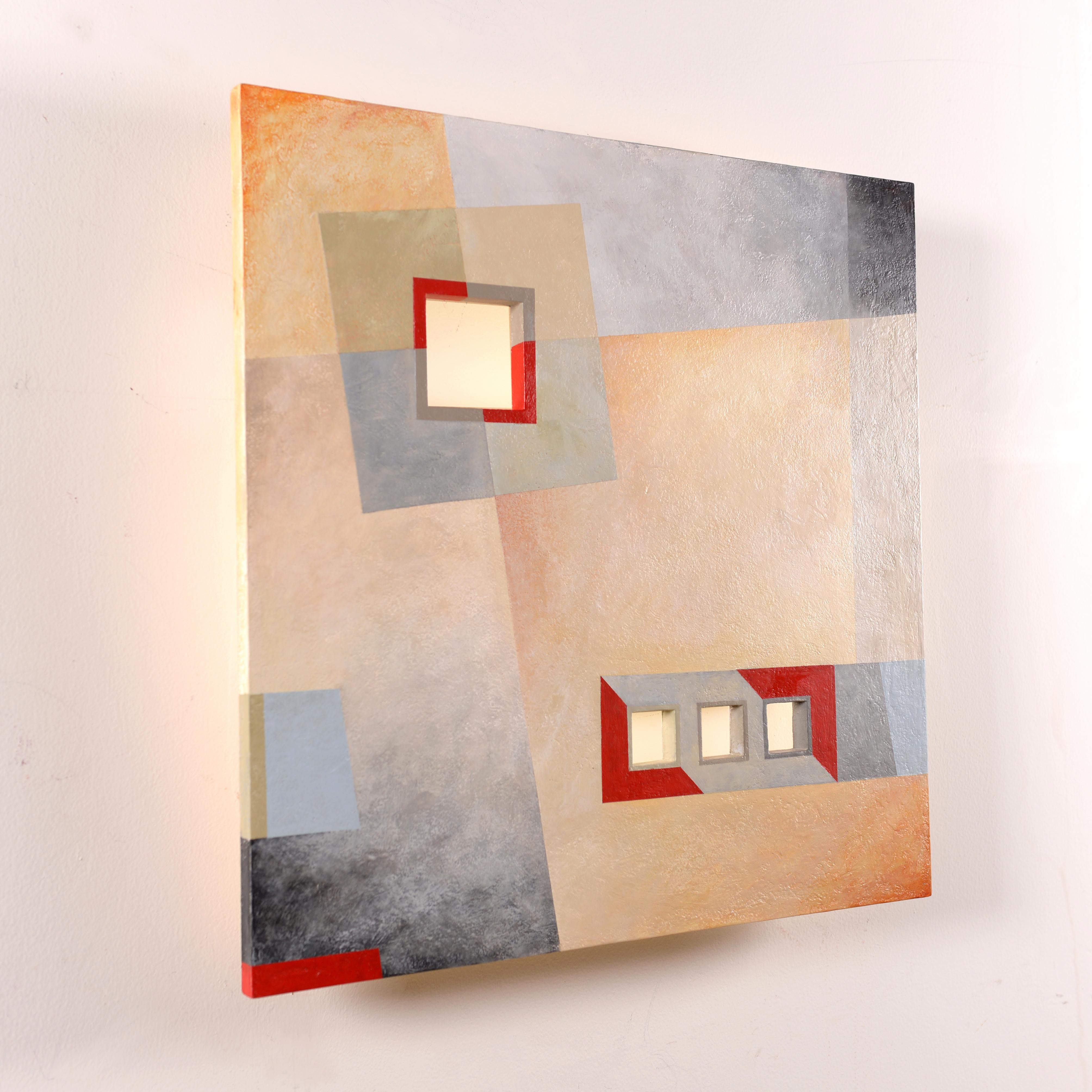 Little Windows.  Geometric and Abstract Mixed media painting with LED light. - Painting by Cari Cohen