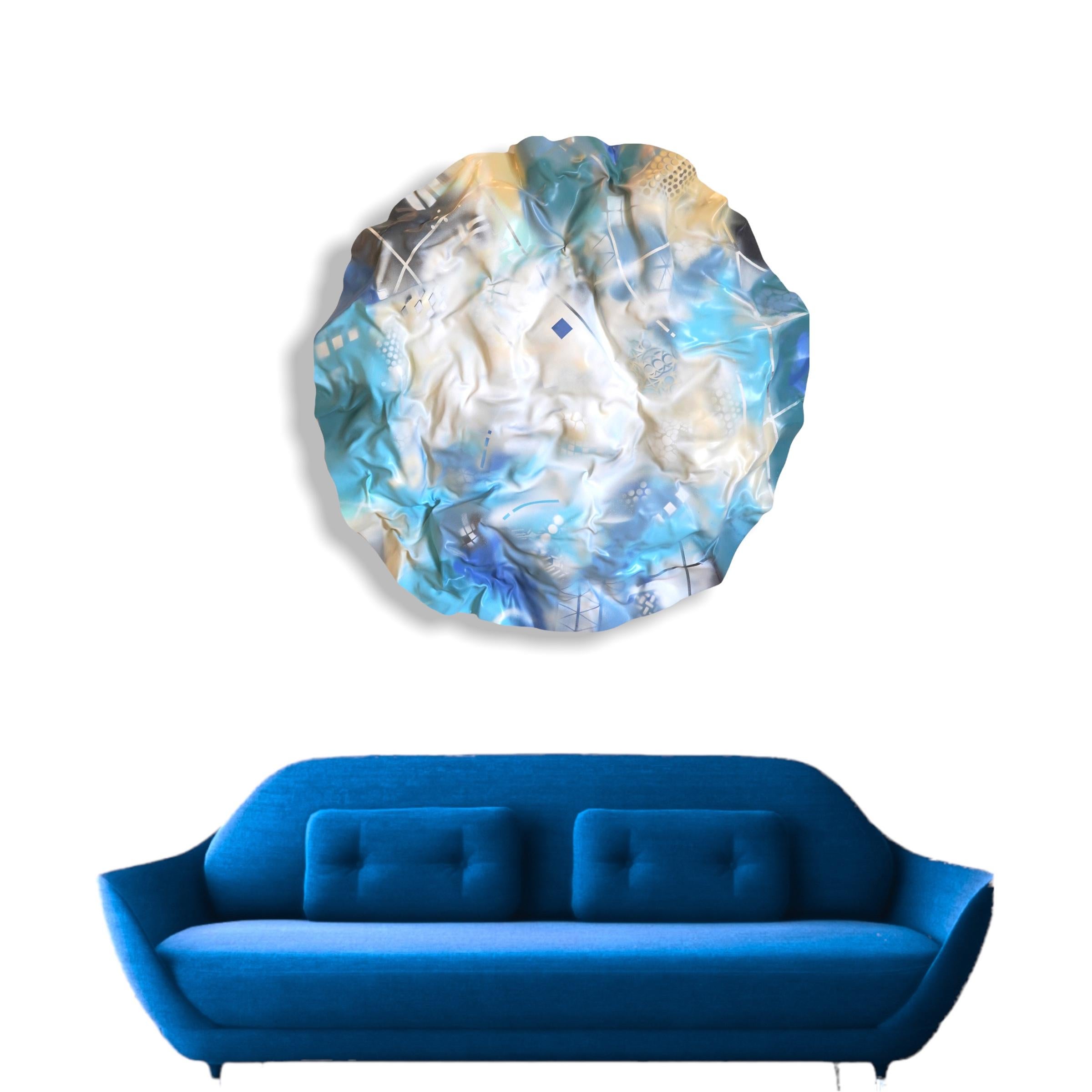 Blaue Unendlichkeitswellen. Abstrakte, geometrische, blaue, runde Wandskulptur aus Plexiglas im Angebot 1