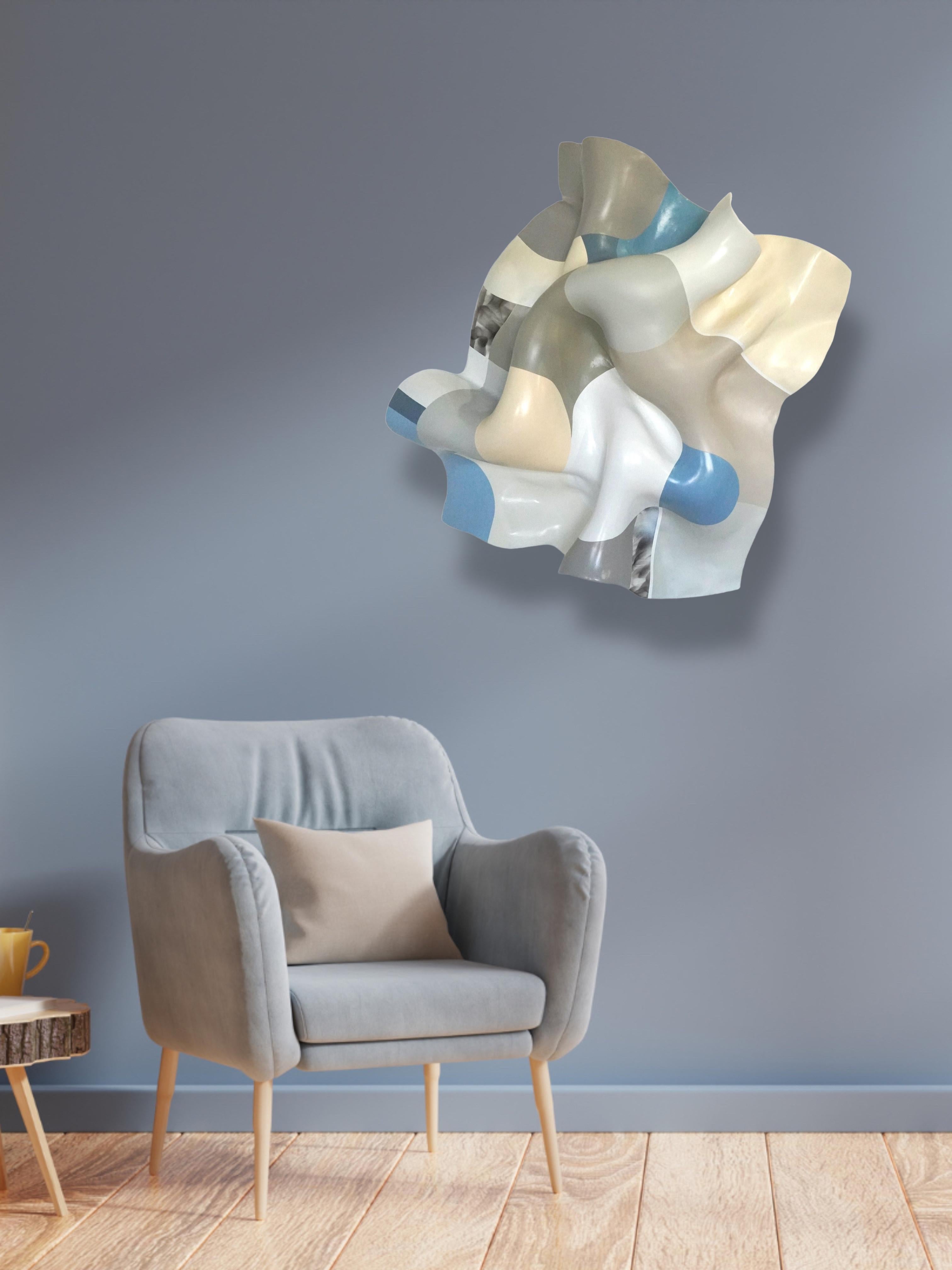 Vagues océaniques. Bleu clair abstrait moderne, beige  Sculpture murale.   en vente 5