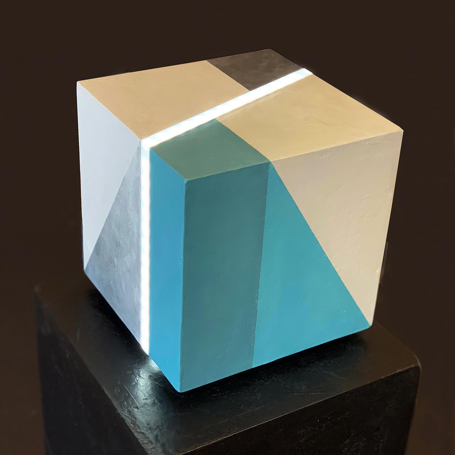 Cube Led Light . Mixed media on wood with LED light - Abstract Geometric Sculpture by Cari Cohen
