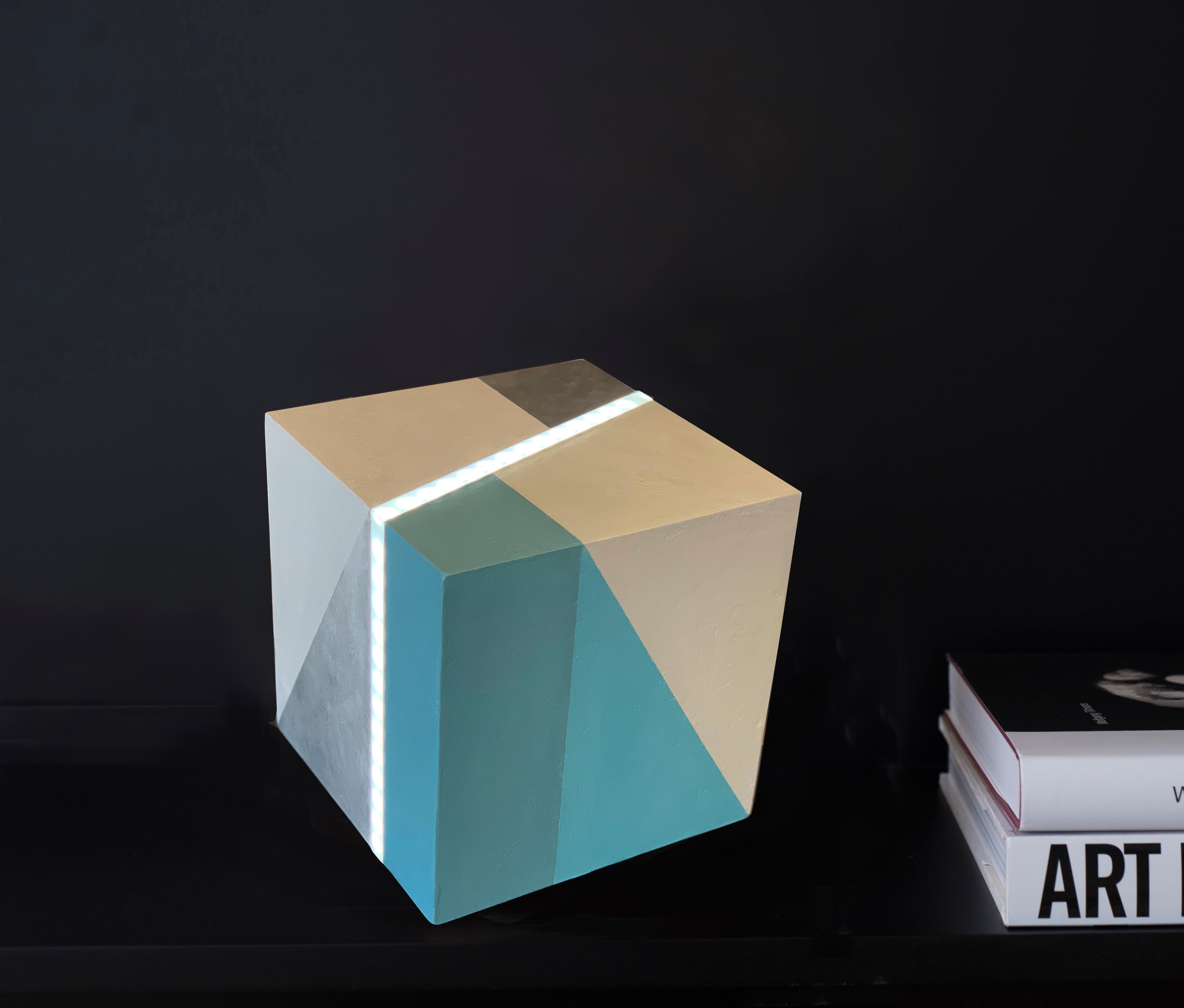 Cari Cohen Abstract Sculpture - Cube Led Light . Mixed media on wood with LED light