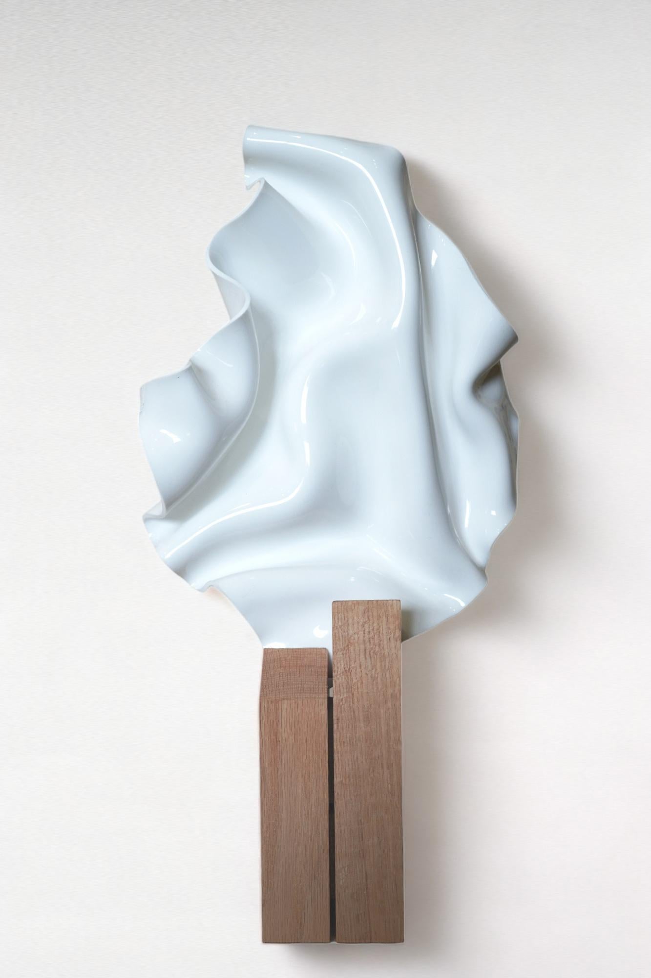IVORY HARMONY, Pedestal Sculpture hand-formed acrylic and oak pedestal - Painting by Cari Cohen