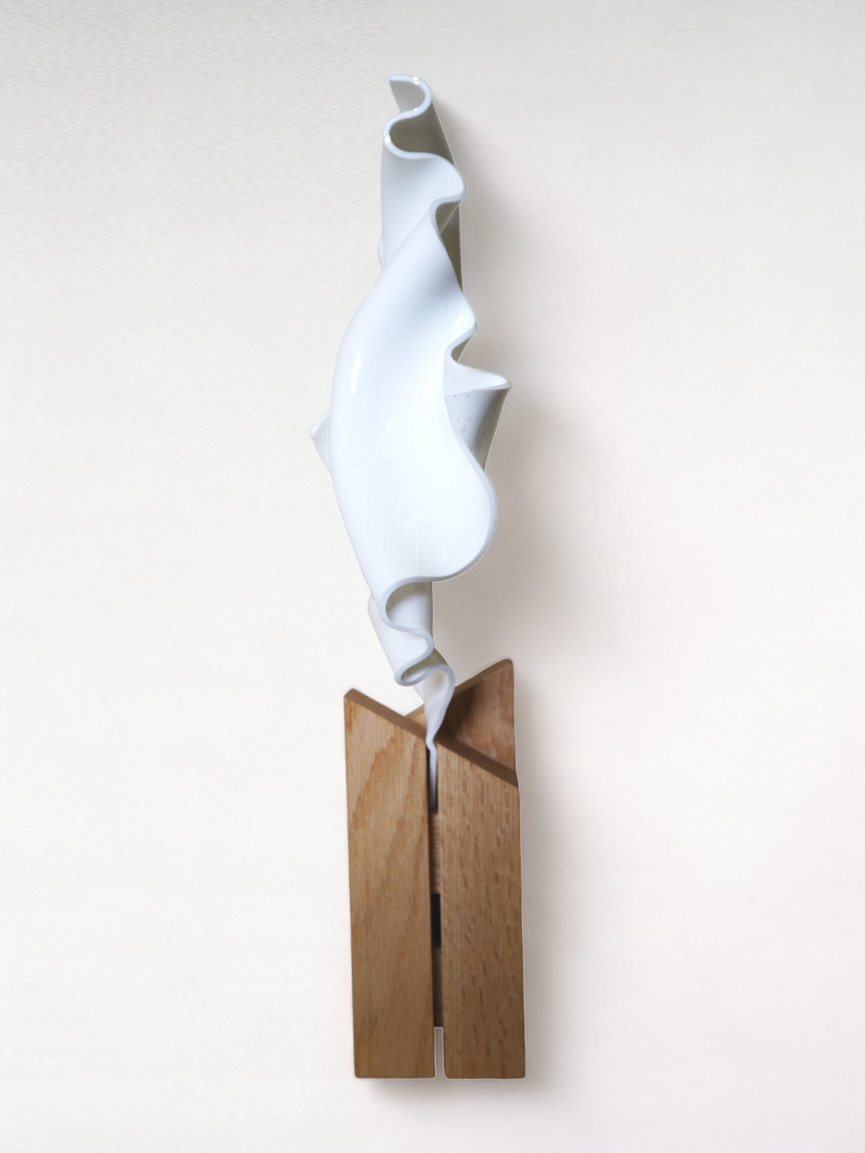 IVORY HARMONY, Pedestal Sculpture hand-formed acrylic and oak pedestal - Abstract Painting by Cari Cohen
