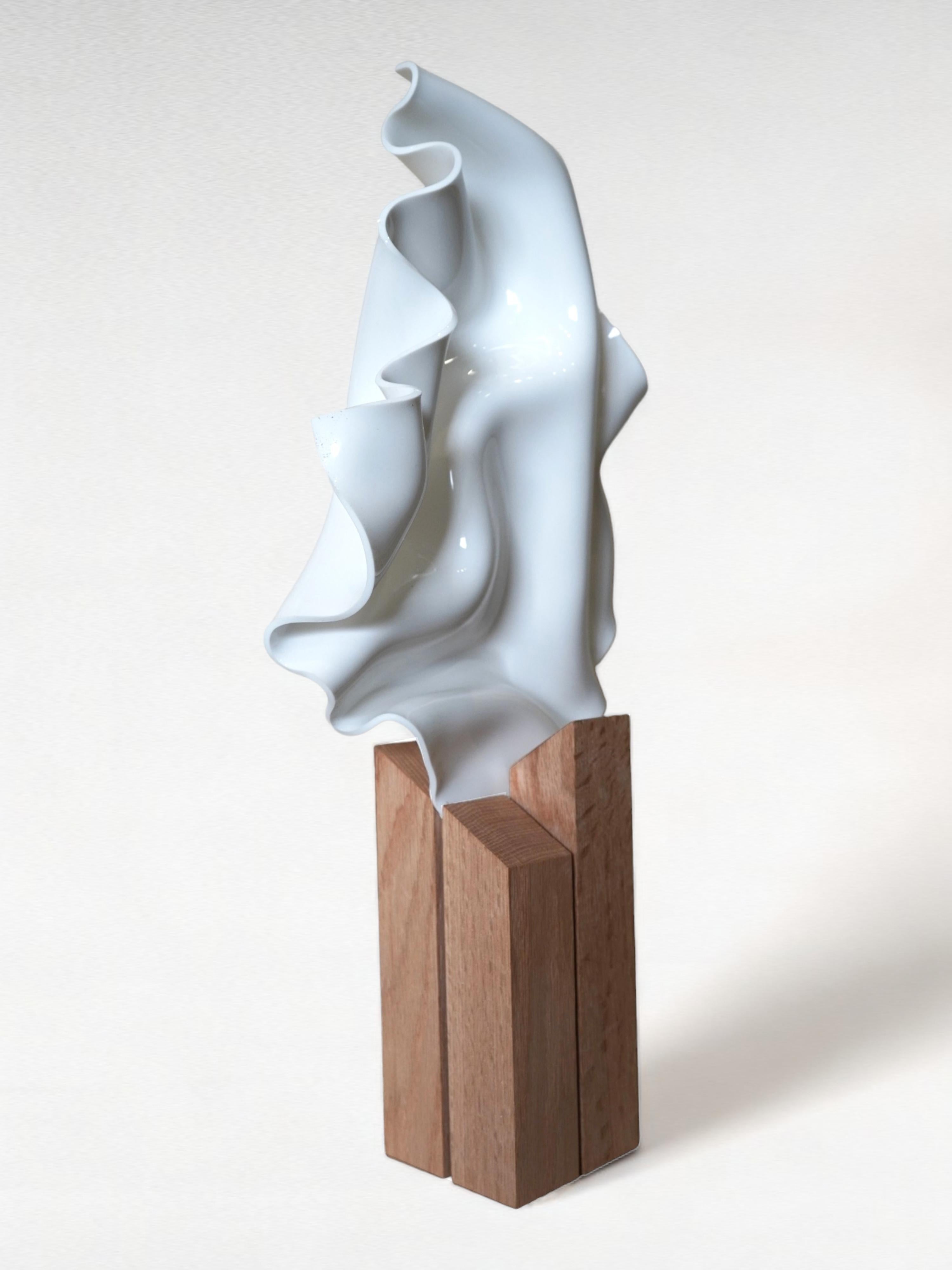 IVORY HARMONY, Pedestal Sculpture hand-formed acrylic and oak pedestal - Brown Abstract Painting by Cari Cohen