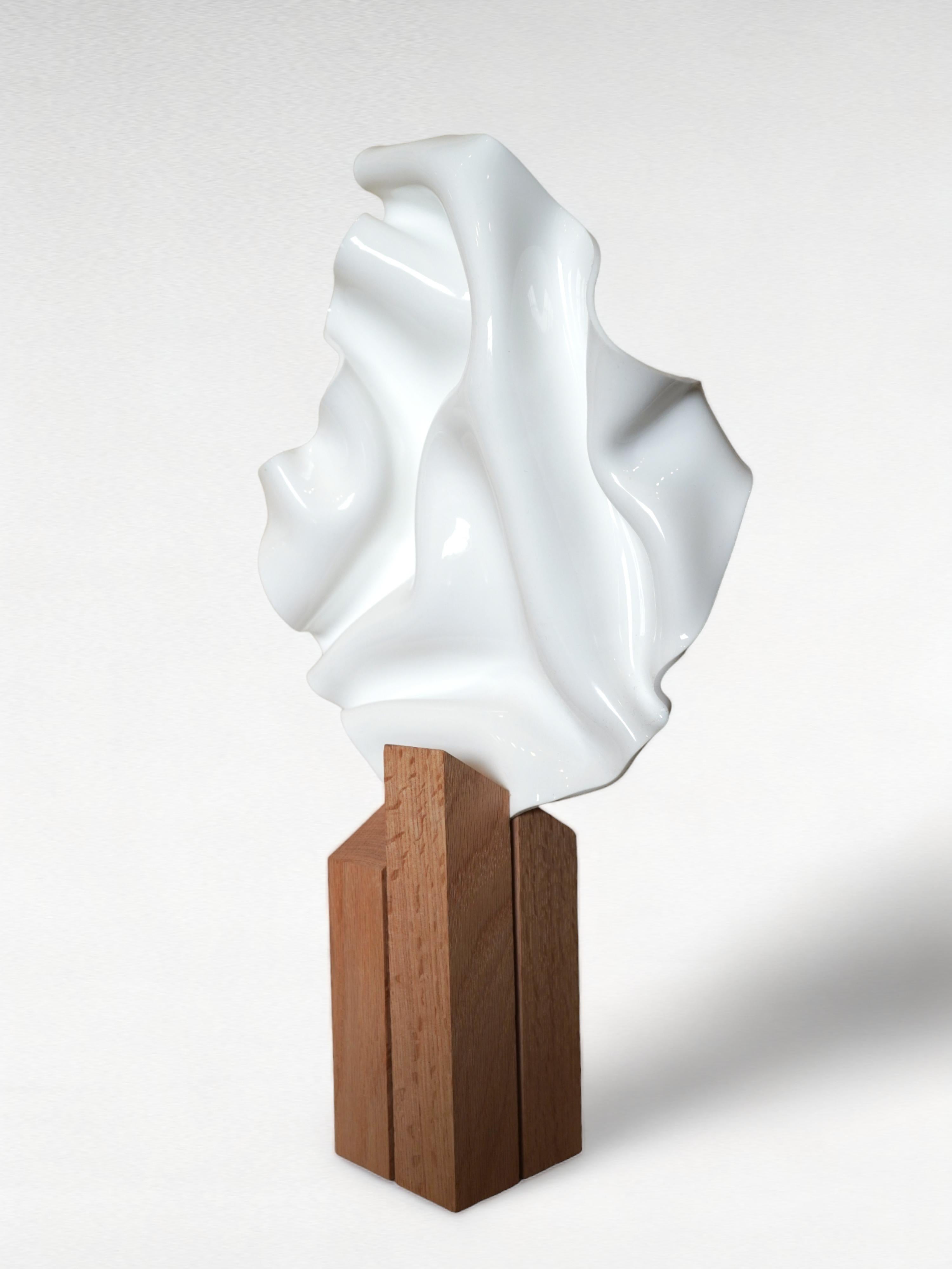 Cari Cohen Abstract Painting - IVORY HARMONY, Pedestal Sculpture hand-formed acrylic and oak pedestal