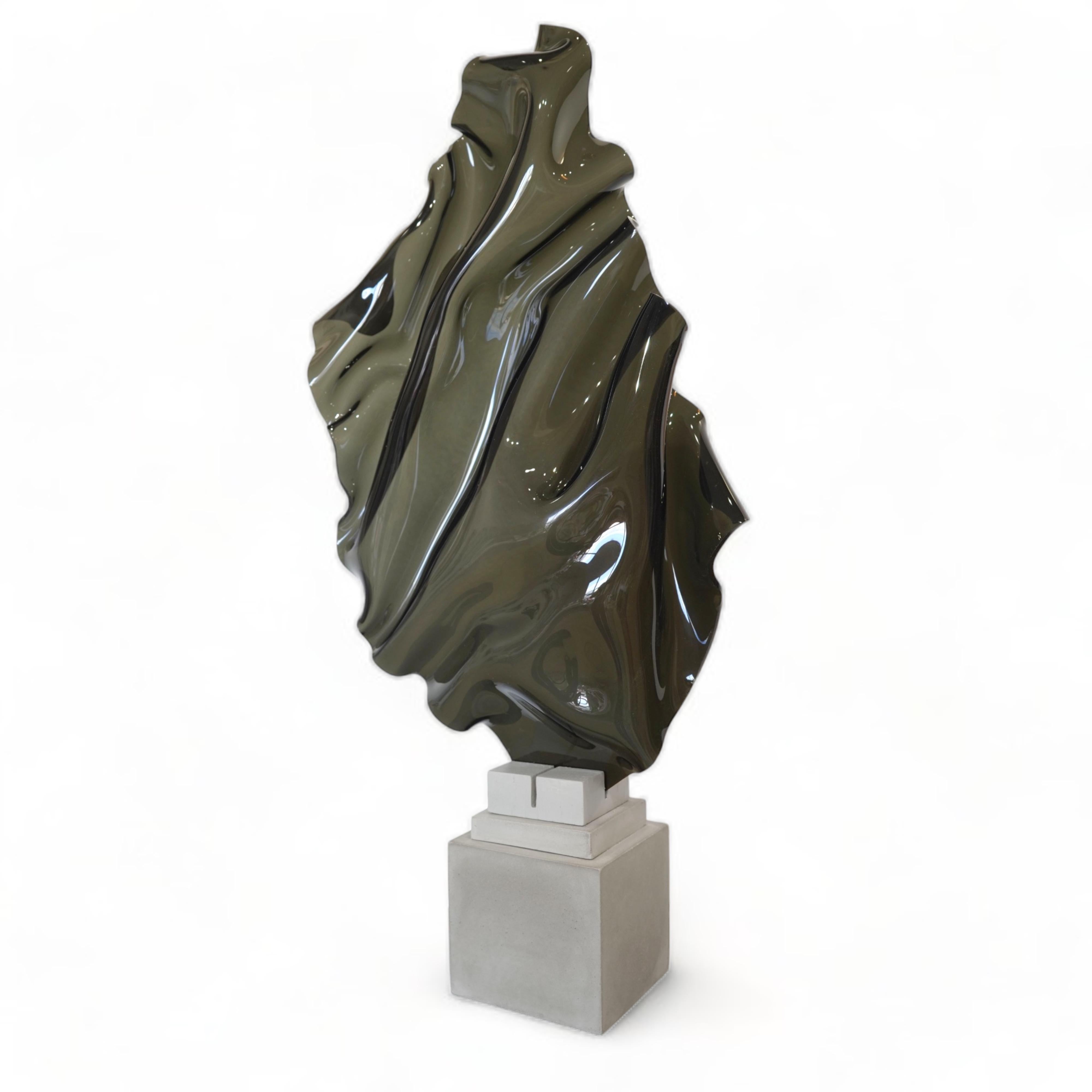 SMOKEY VEIL, Pedestal Sculpturehand-formed acrylic, oak painted & concrete base For Sale 1