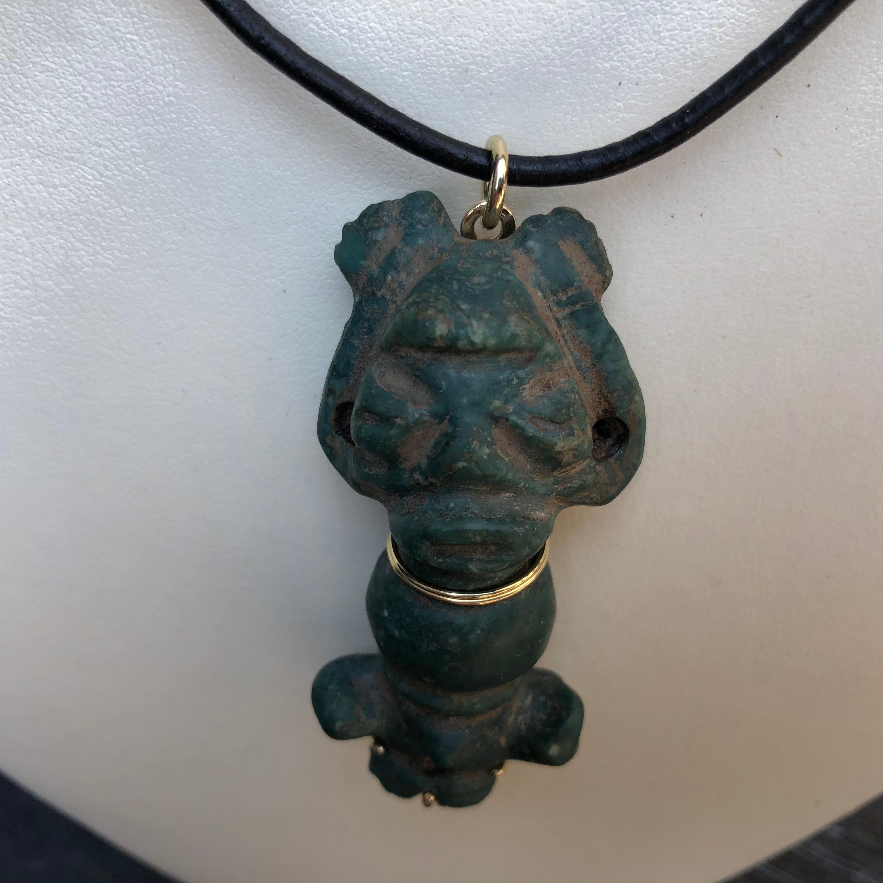 American Caribbean Antique Treasure Jade 18-Karat Gold Amulet Necklace, Unique 500 Years