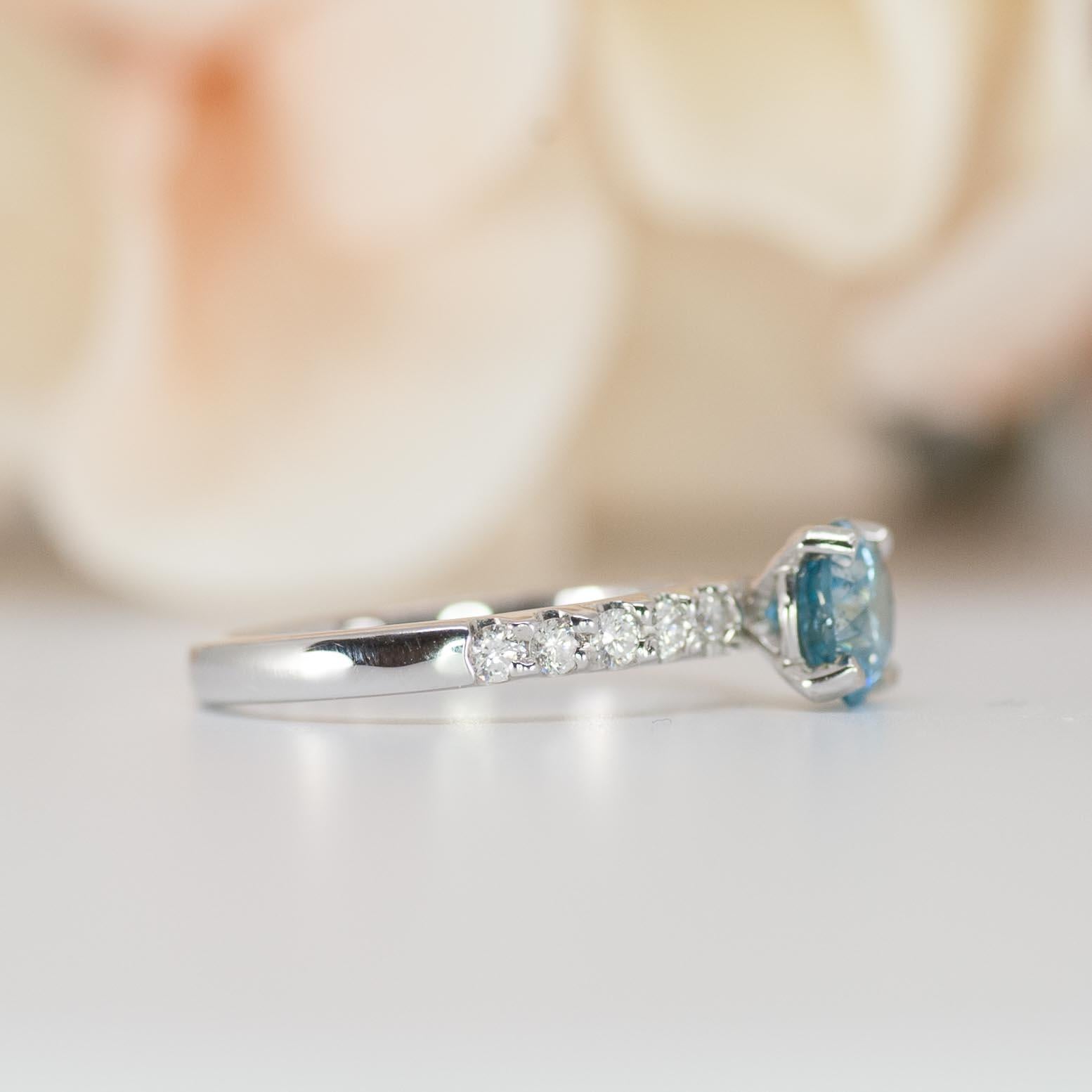 Caribbean Blue Diamond Ring with VS Diamonds on Band For Sale 2