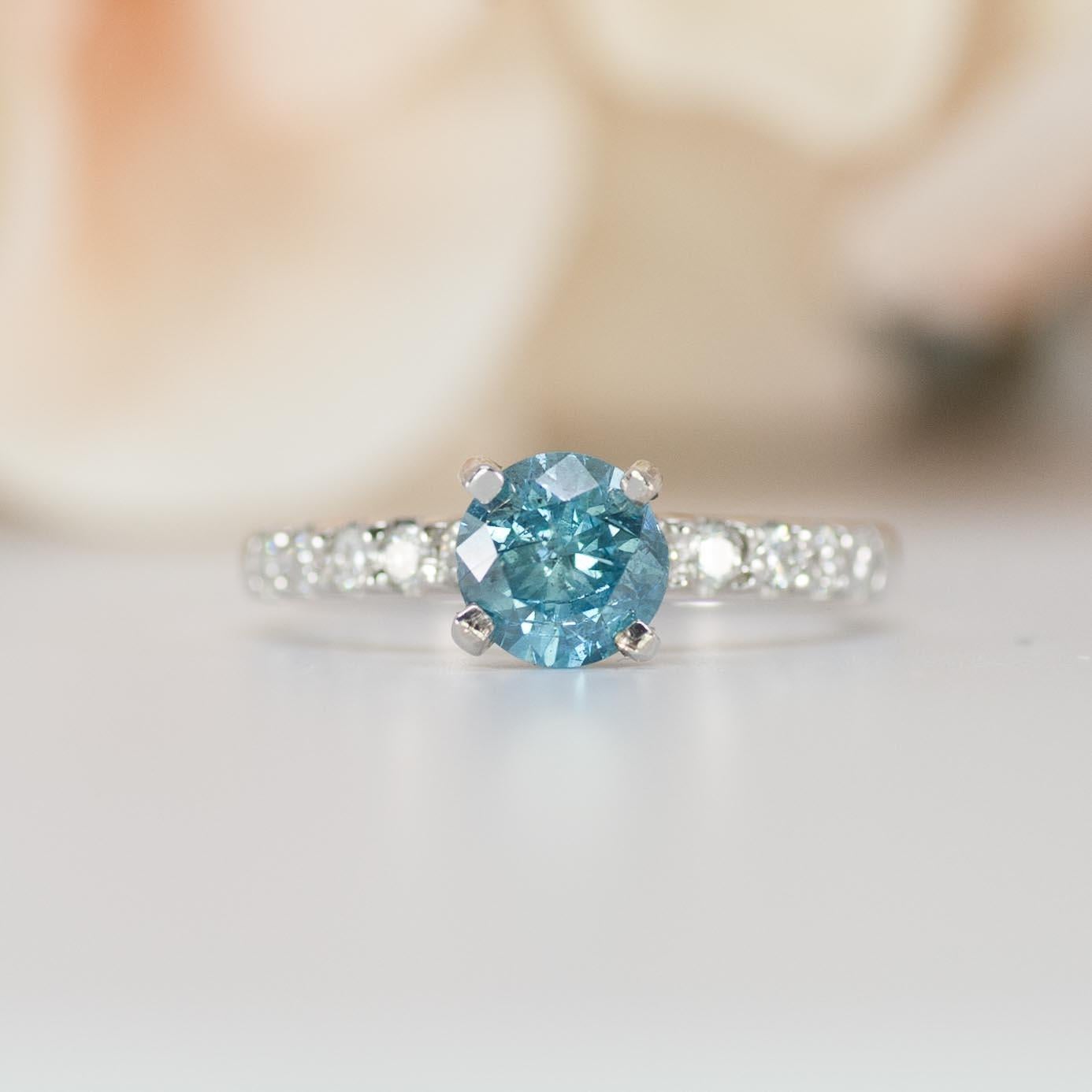 Women's Caribbean Blue Diamond Ring with VS Diamonds on Band For Sale