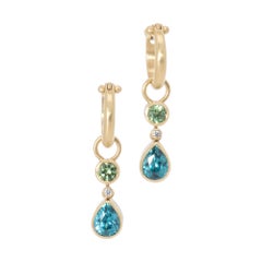 Caribbean Blue Zircon and Green Garnet Drop Earrings in 18 Karat Gold