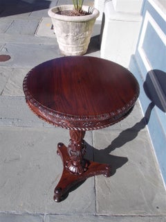 Caribbean Mahogany Acanthus Carved Foliage Pedestal Table on Bun Feet, C. 1820