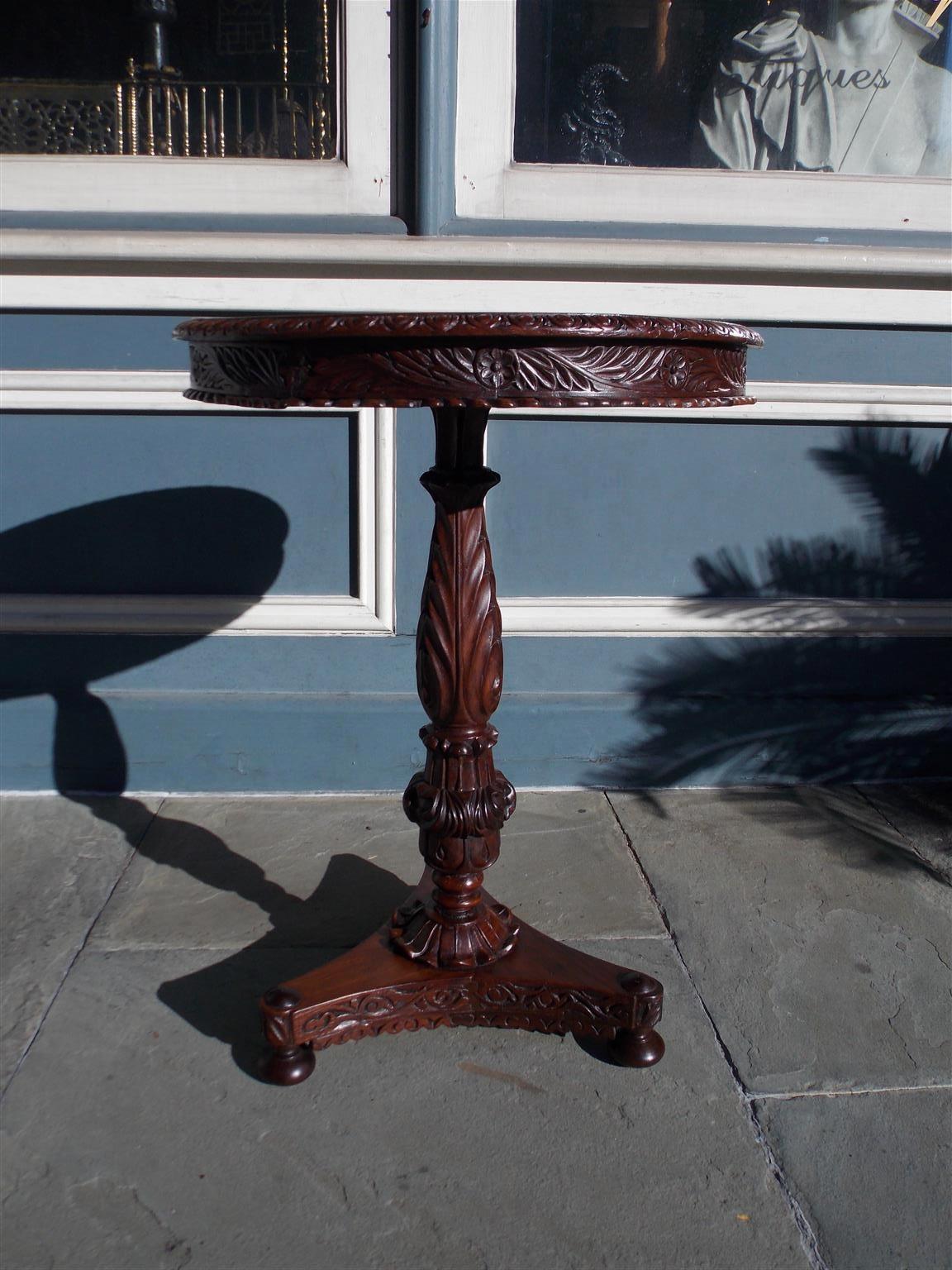 Anglo-Indian Caribbean Mahogany Acanthus Carved Foliage Pedestal Table on Bun Feet, C. 1820 For Sale