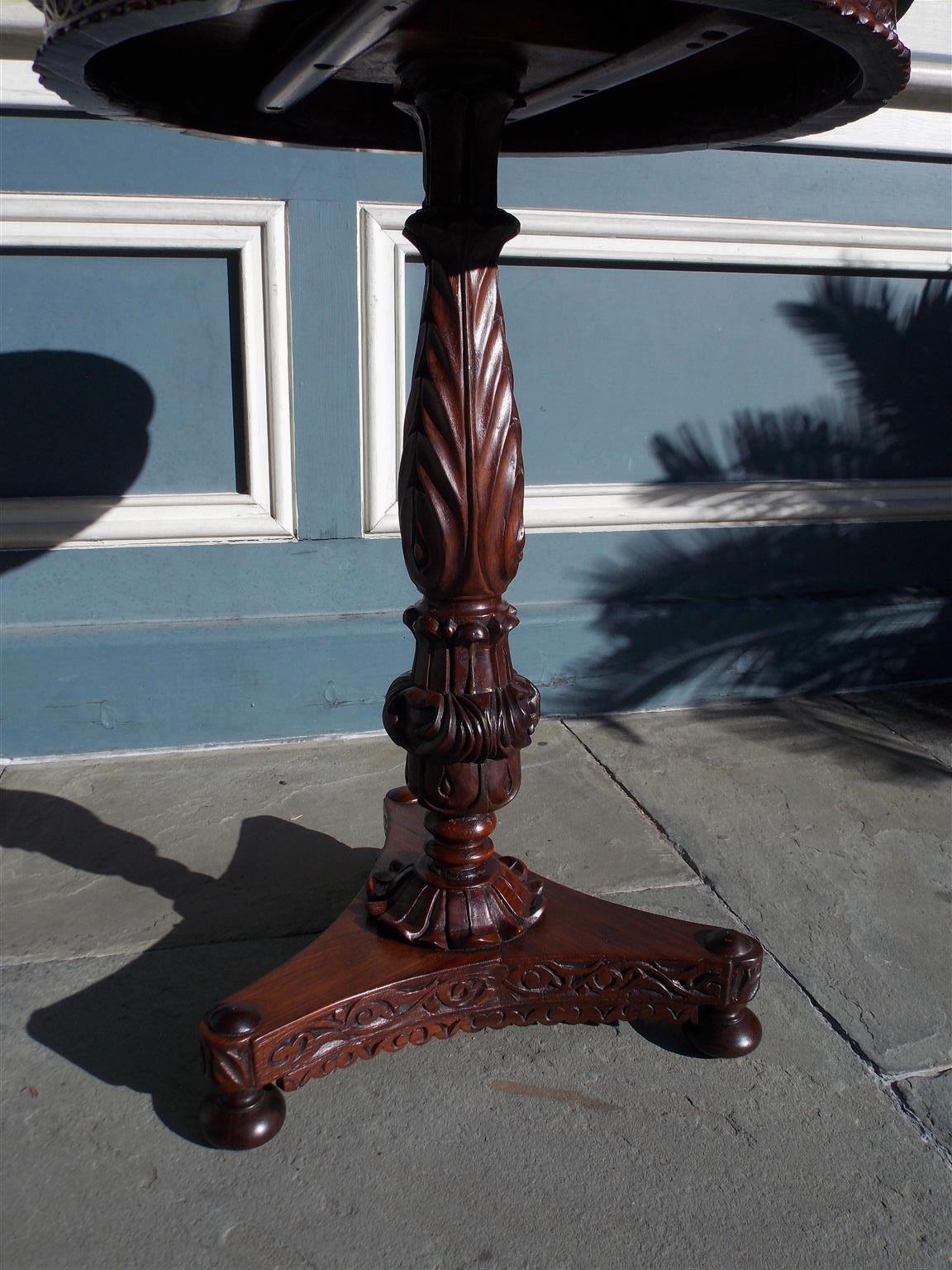 Hand-Carved Caribbean Mahogany Acanthus Carved Foliage Pedestal Table on Bun Feet, C. 1820 For Sale