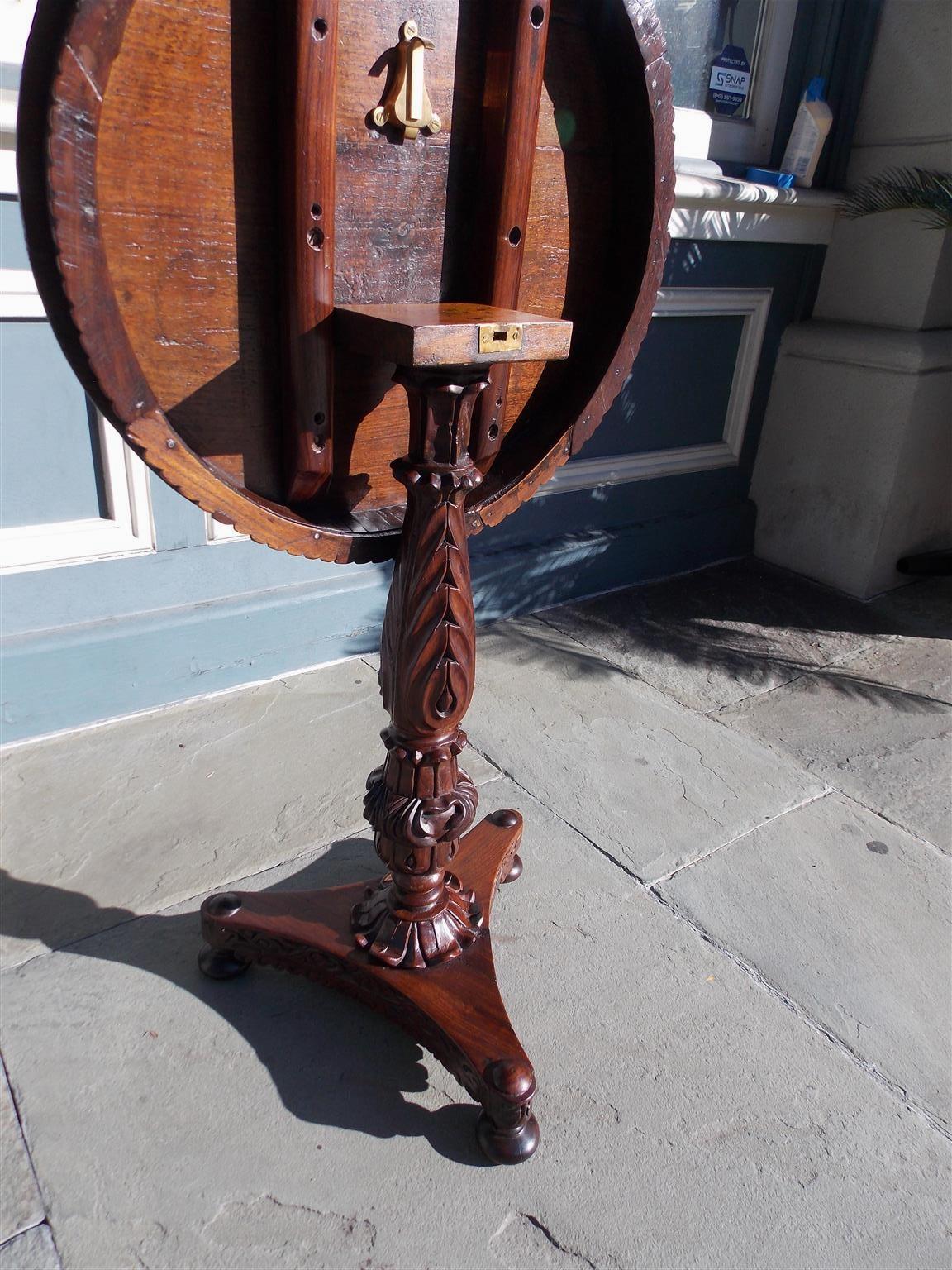 Brass Caribbean Mahogany Acanthus Carved Foliage Pedestal Table on Bun Feet, C. 1820 For Sale