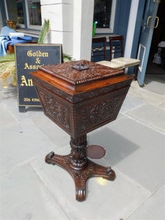 Caribbean Mahogany Hinged Pedestal Tea Poy with Foliage Carvings, Circa 1820
