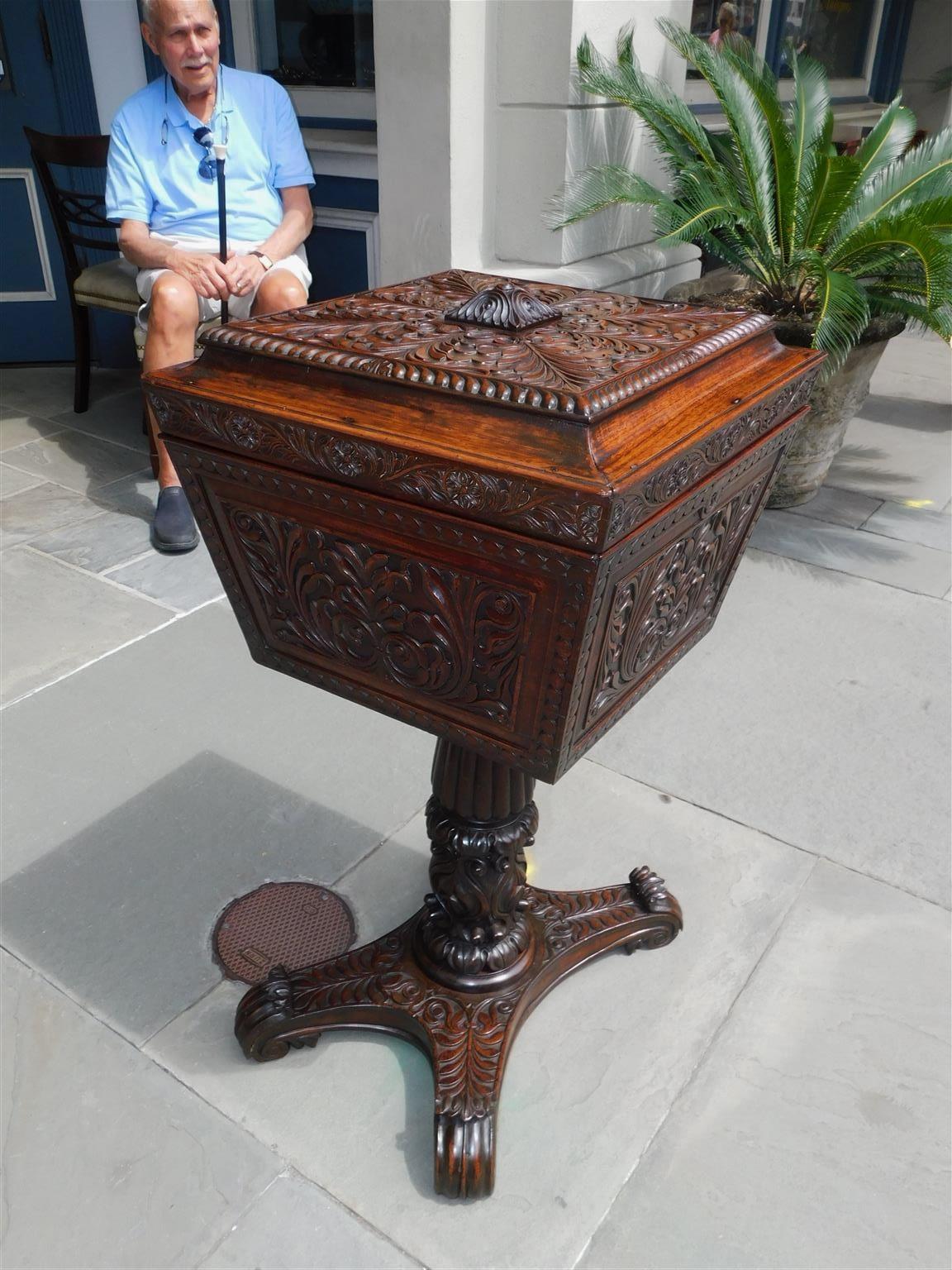 Anglo-Indian Caribbean Mahogany Hinged Pedestal Tea Poy with Foliage Carvings, Circa 1820 For Sale