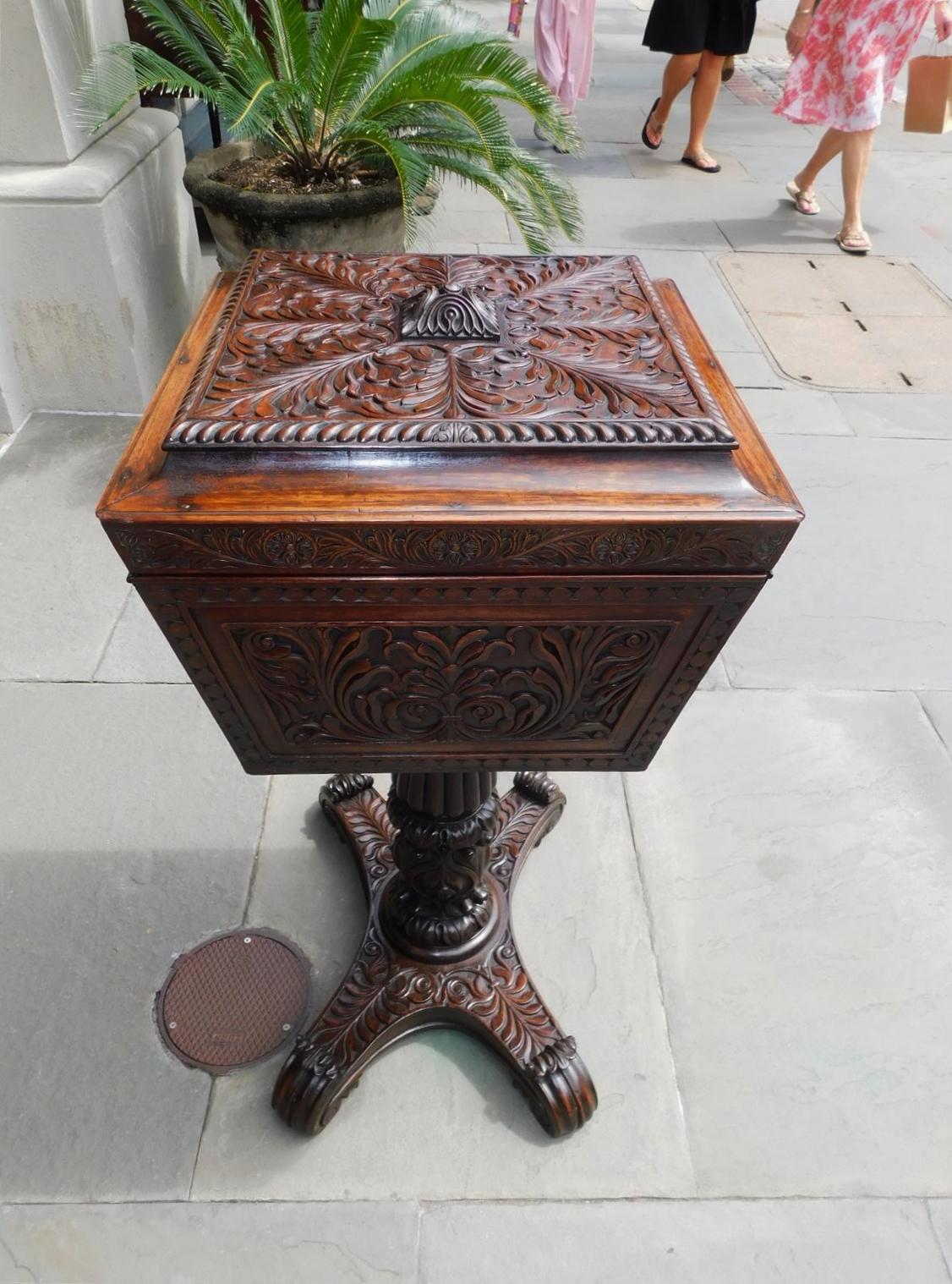Hand-Carved Caribbean Mahogany Hinged Pedestal Tea Poy with Foliage Carvings, Circa 1820 For Sale
