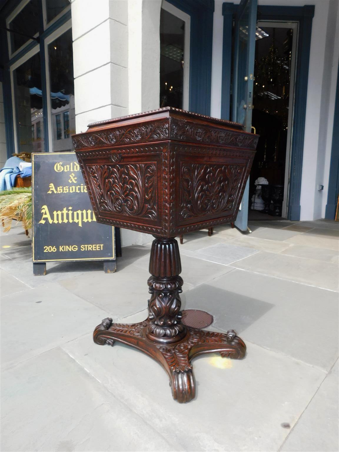 Early 19th Century Caribbean Mahogany Hinged Pedestal Tea Poy with Foliage Carvings, Circa 1820 For Sale