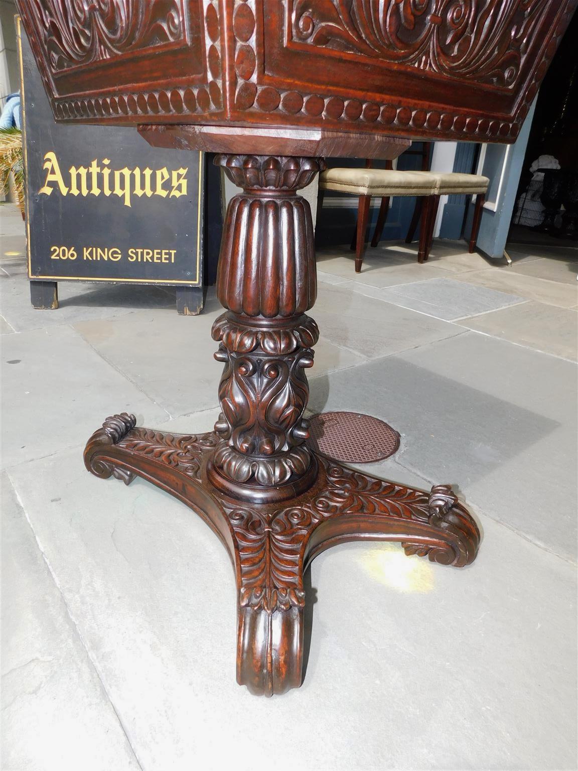 Brass Caribbean Mahogany Hinged Pedestal Tea Poy with Foliage Carvings, Circa 1820 For Sale