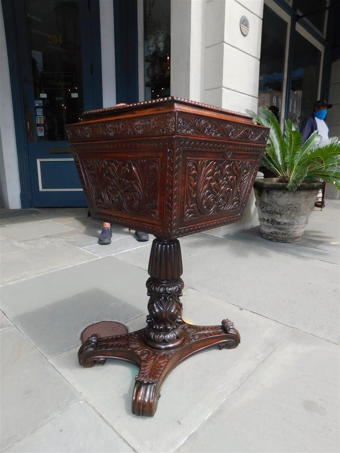 Caribbean Mahogany Hinged Pedestal Tea Poy with Foliage Carvings, Circa 1820 For Sale 1
