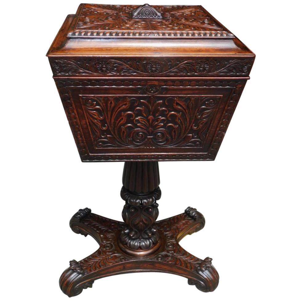Caribbean Mahogany Hinged Pedestal Tea Poy with Foliage Carvings, Circa 1820 For Sale
