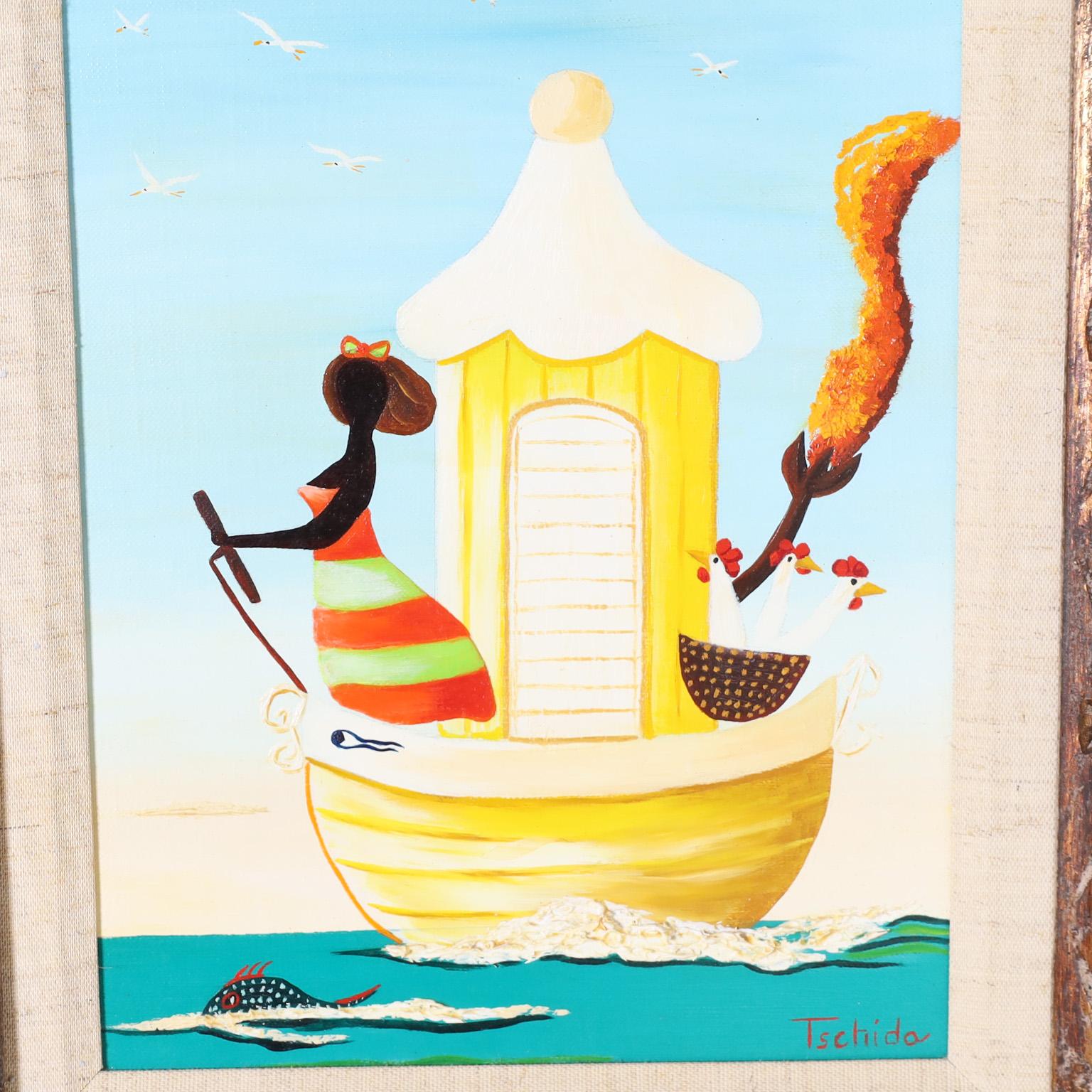 Peinture acrylique fantaisiste sur toile représentant un bateau avec une femme et trois poulets dans un panier, exécutée dans un délicieux style naïf, rappelant Orville Bulman. Signé Tschida, titré 