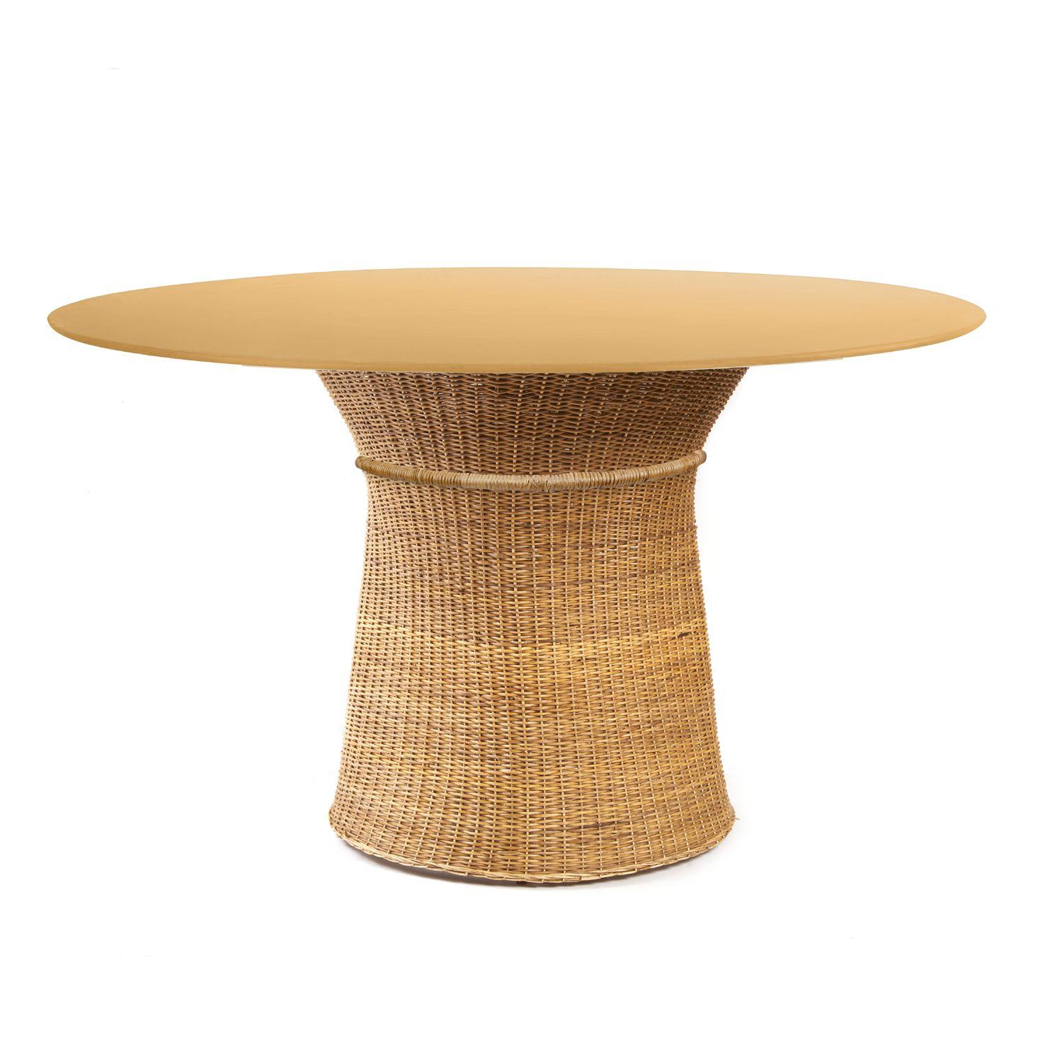 Caribe Natural dining table by Sebastian Herkner
Materials: Wicker from Bejuco roots. Galvanized and powder-coated tubular steel frame.
Technique: Weaved by local craftspeople in Colombia. 
Dimensions: 
Top Diameter 135 cm 
Base Diameter 59 x