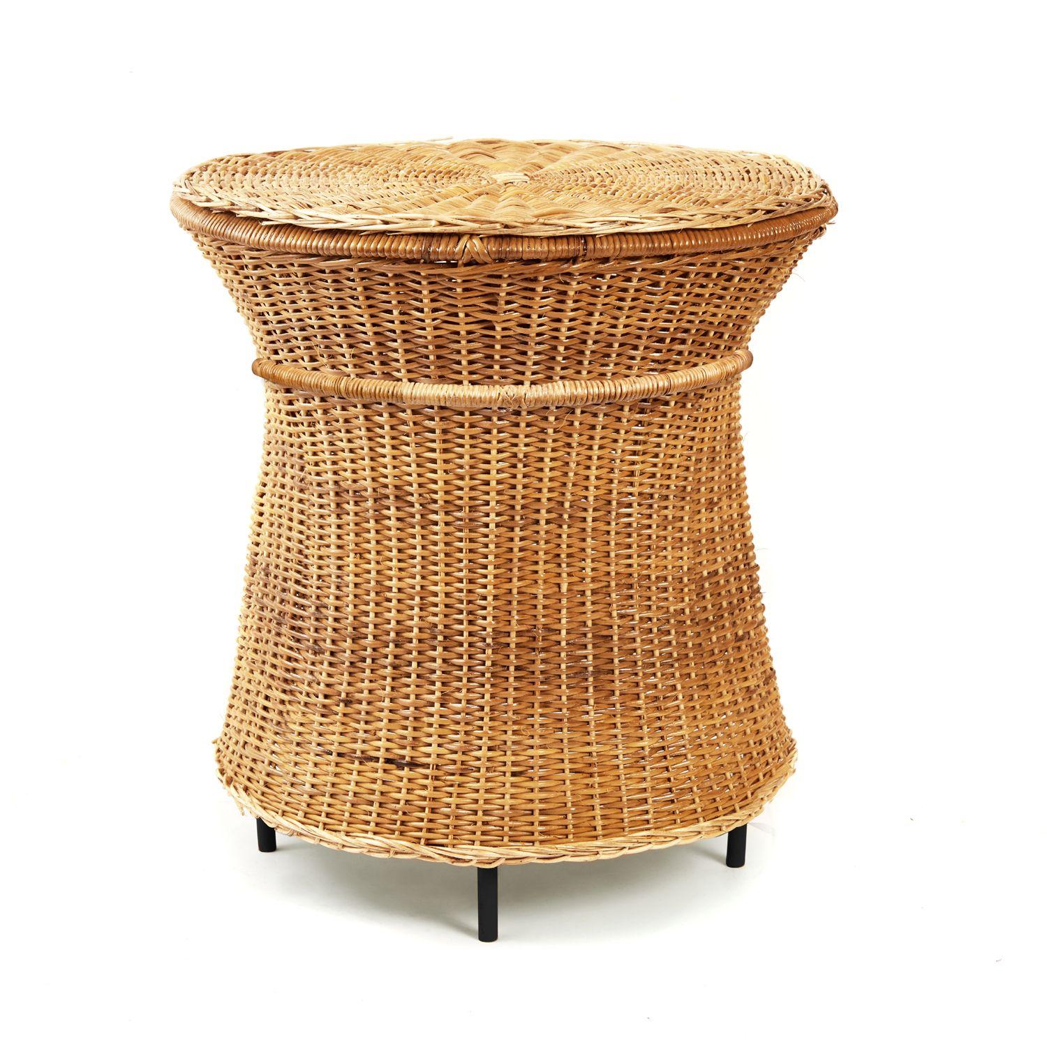 Caribe natural high table by Sebastian Herkner.
Materials: wicker from Bejuco roots. Galvanized and powder-coated tubular steel frame.
Technique: weaved by local craftspeople in Colombia. 
Dimensions: diameter 46.1 x height 50 cm.
Available in