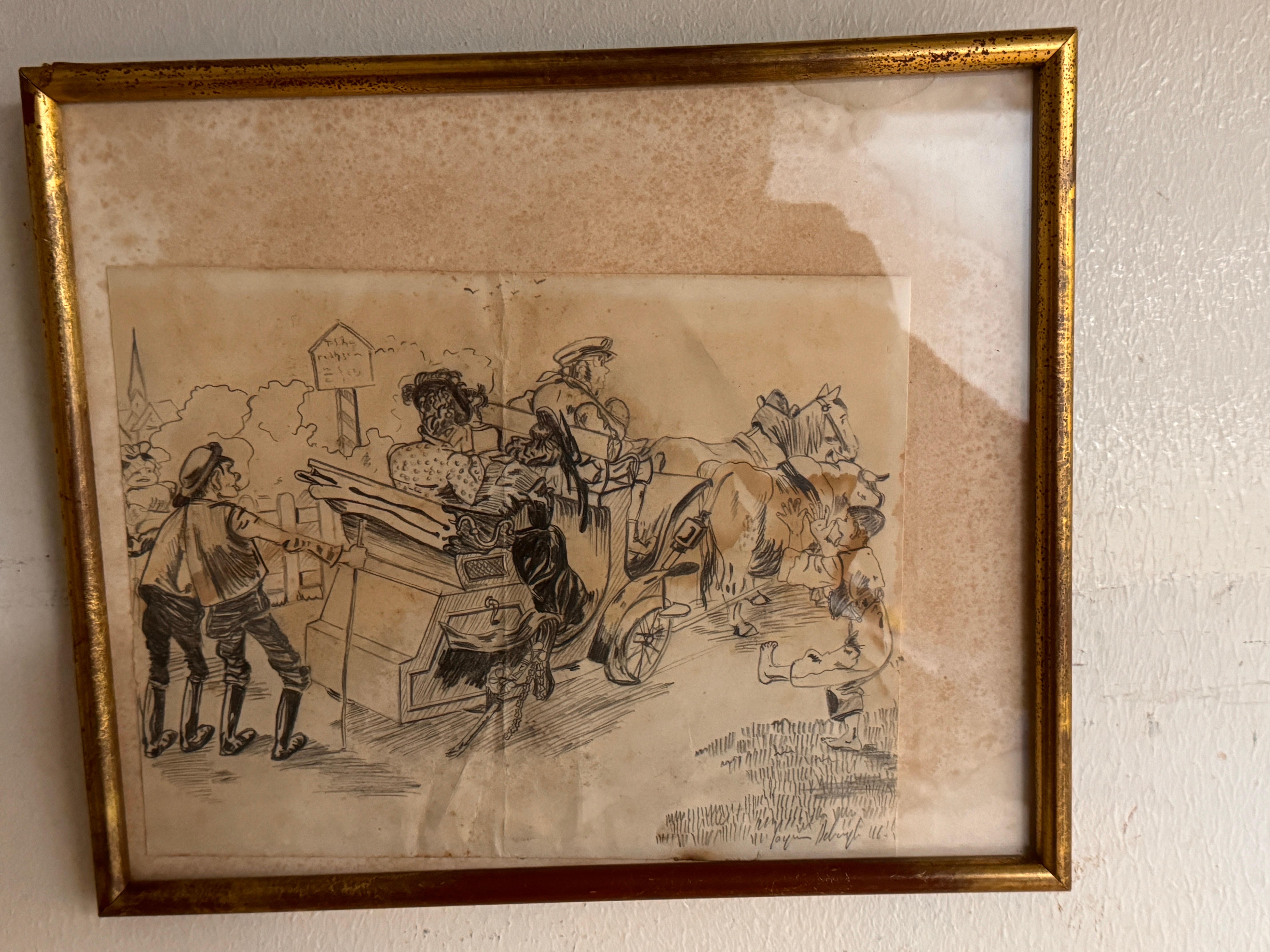 Dessin de caricature représentant des personnages sur une charrette France 20ème siècle en vente 3