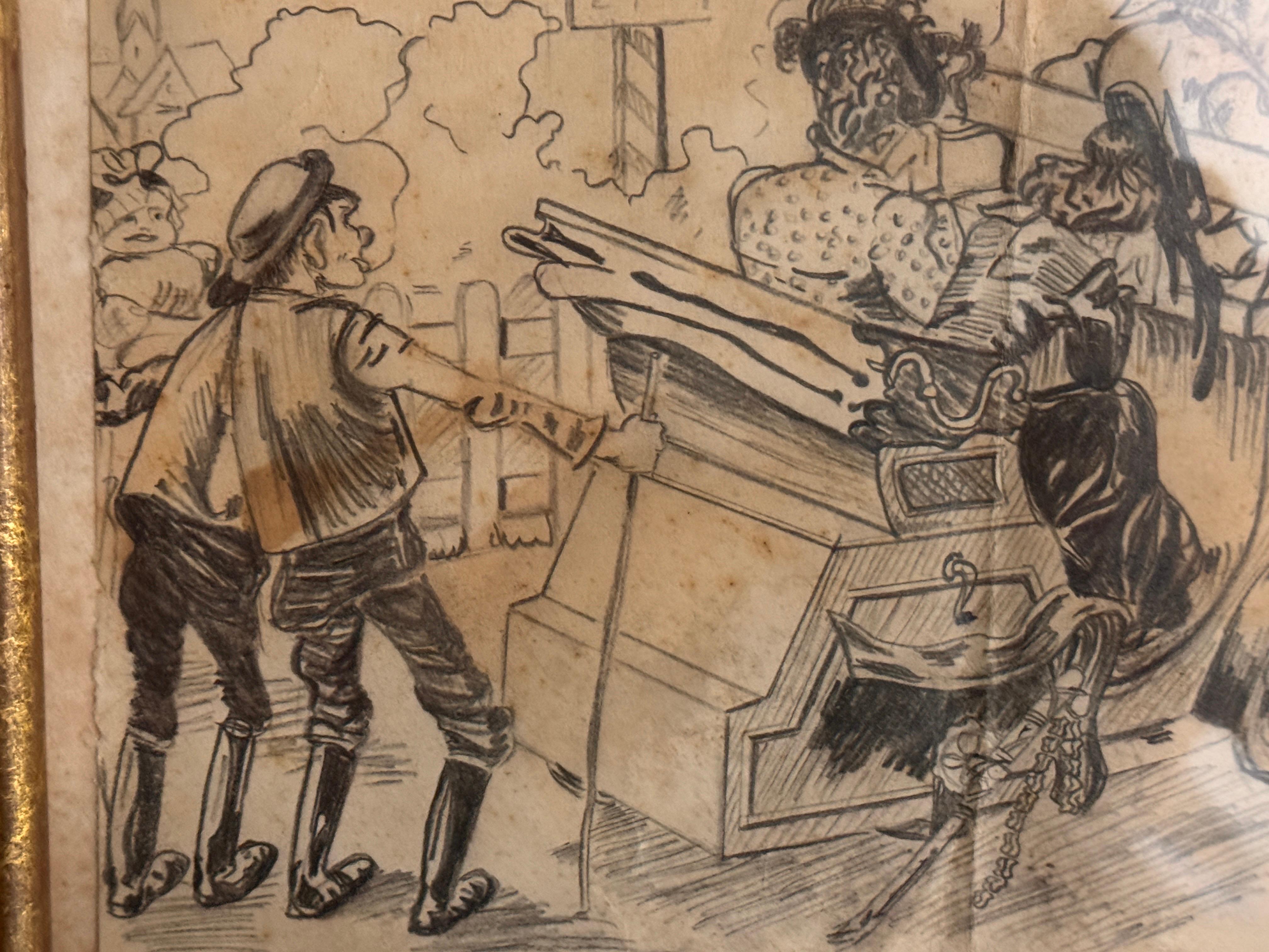 Dessin de caricature représentant des personnages sur une charrette France 20ème siècle en vente 4