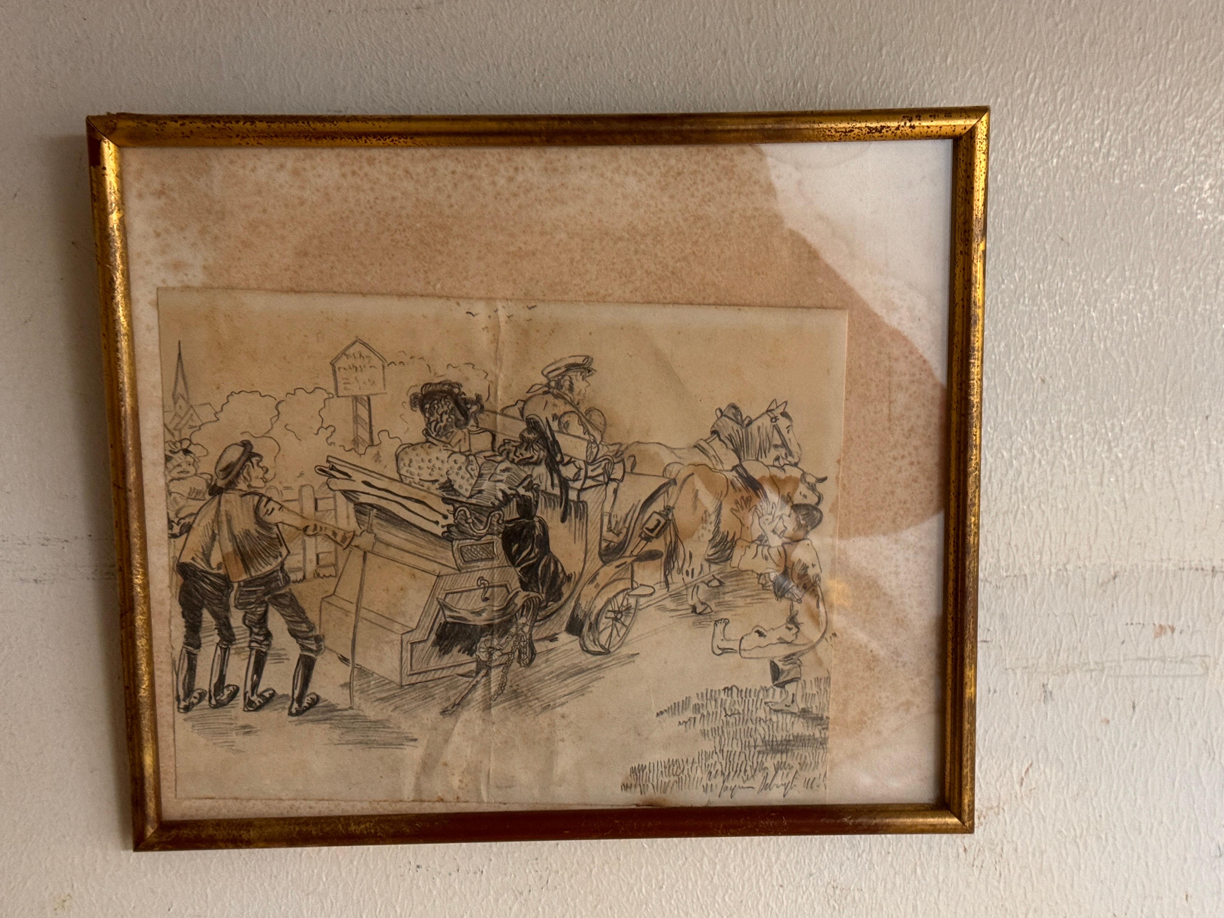 Caricature Drawing Representing Characters in a carriage France 20th Century For Sale 6