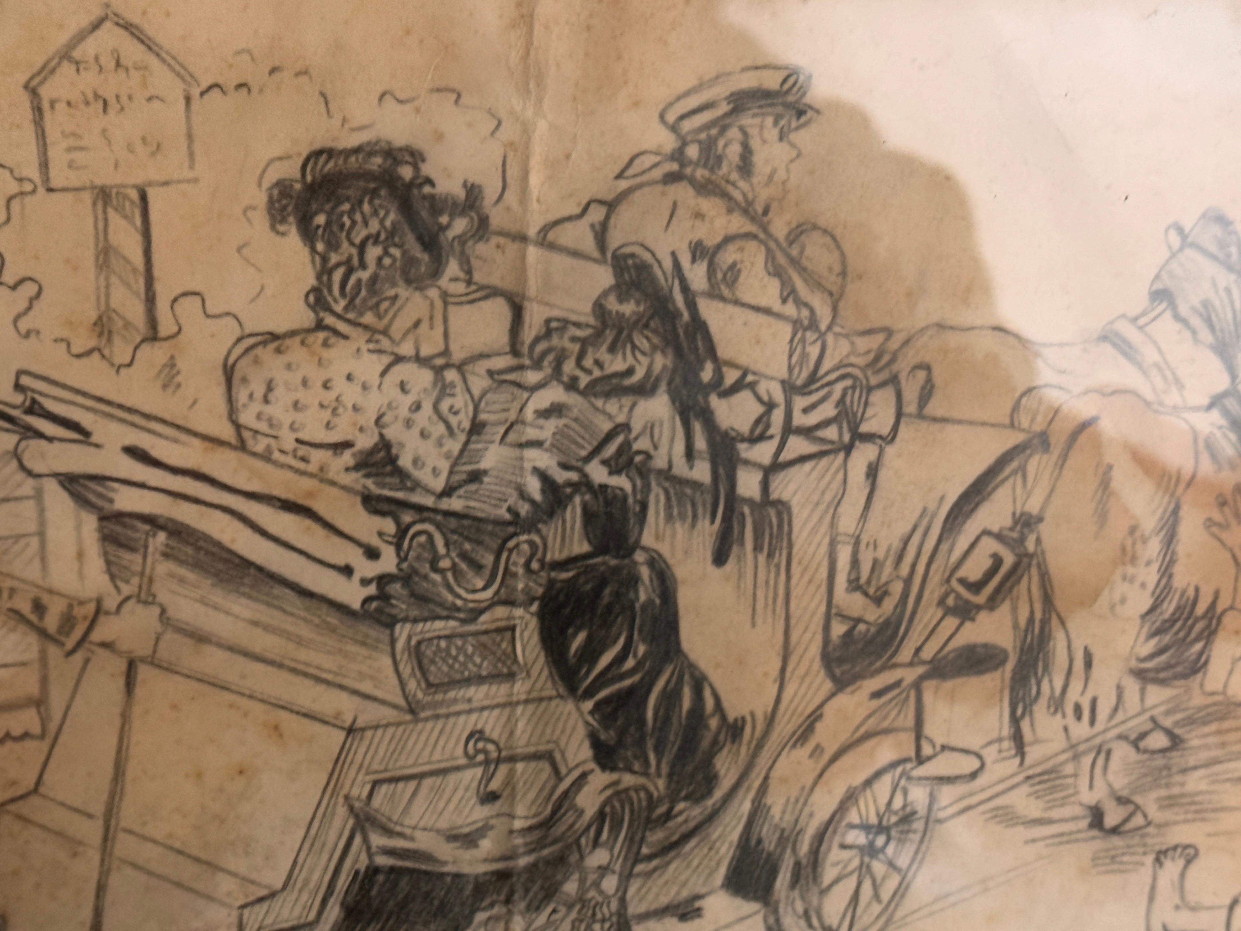 Dessin de caricature représentant des personnages sur une charrette France 20ème siècle en vente 6